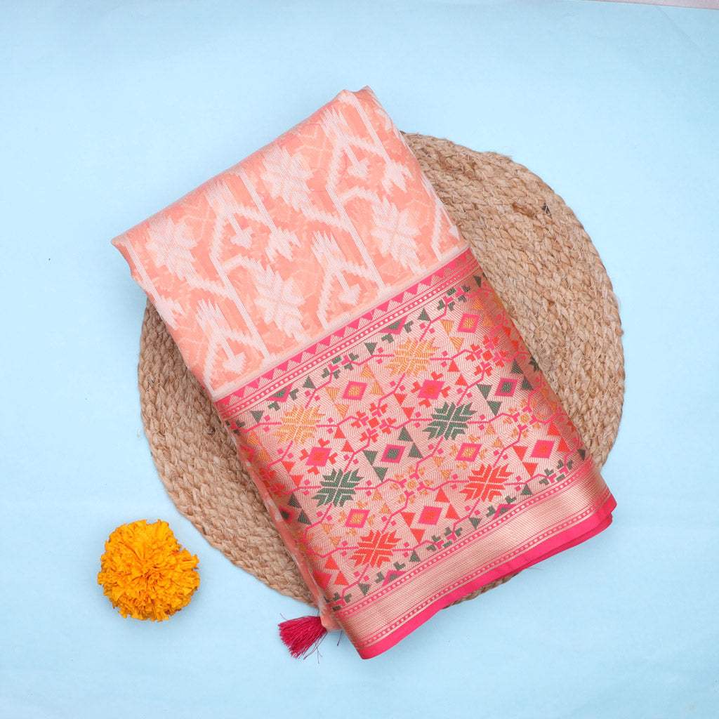 Pastel Orange Organza Saree With Floral Pattern - Singhania's