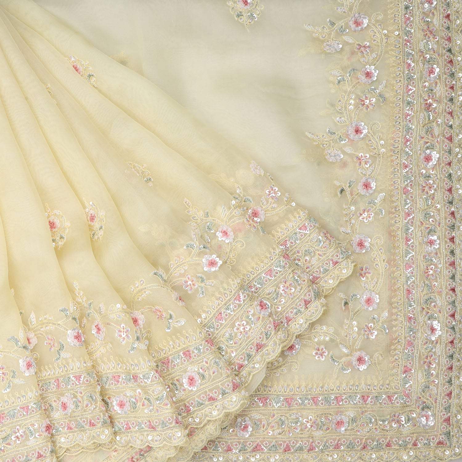 Pastel Yellow Organza Saree With Floral Embroidery - Singhania's