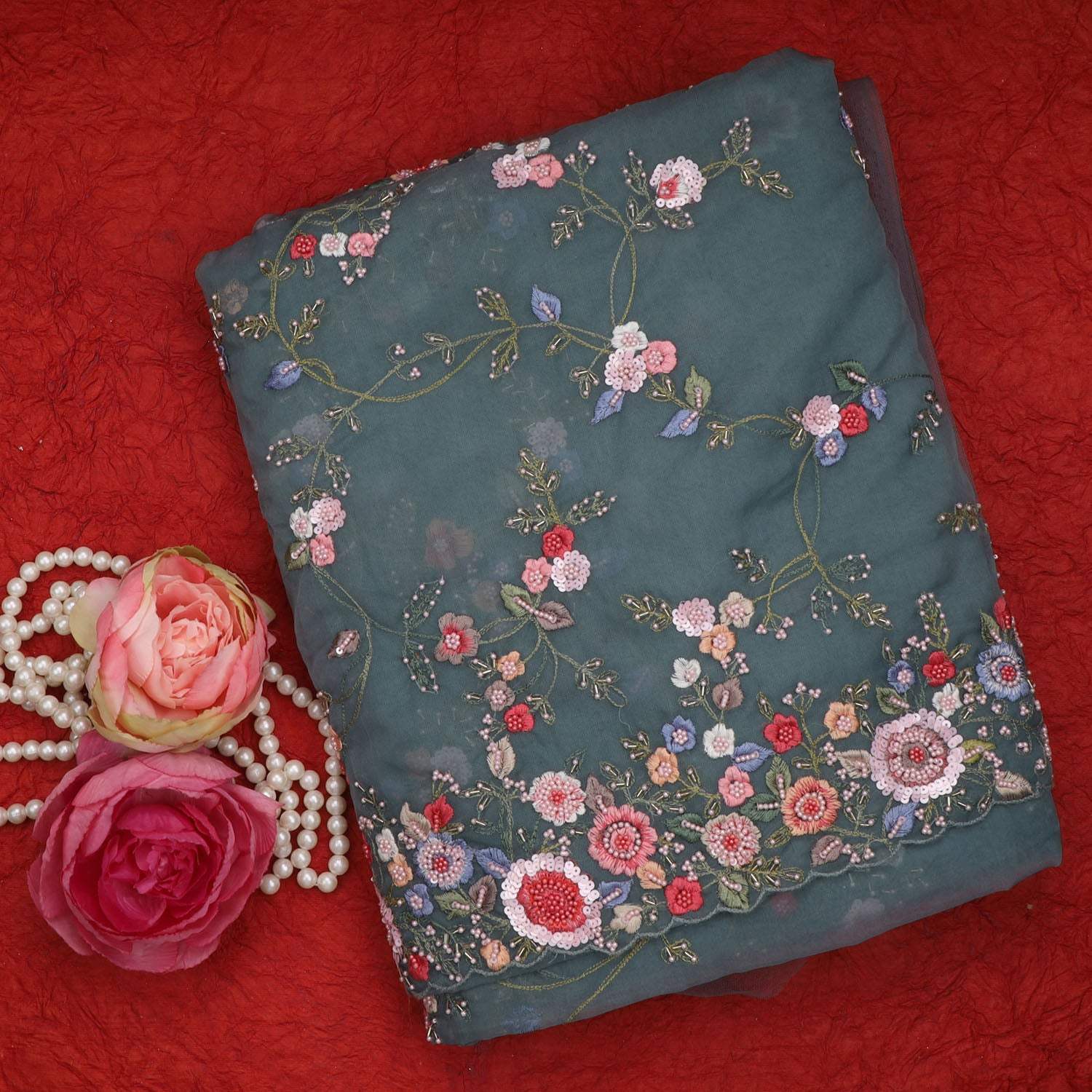 Myrtle Green Organza Saree With Floral Embroidery - Singhania's