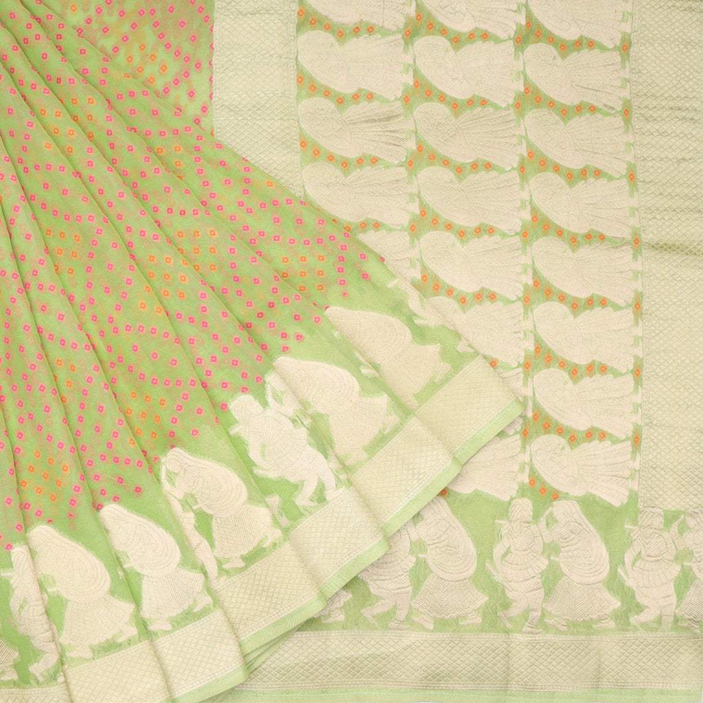 Light Green Georgette Saree With Bandhani Pattern - Singhania's