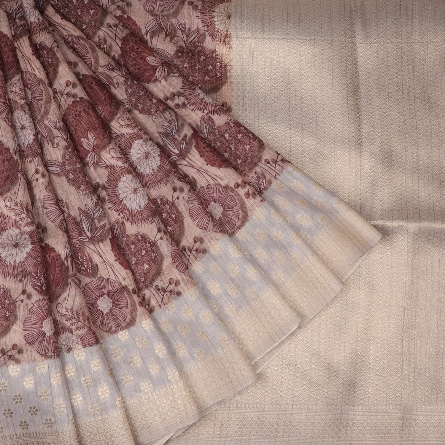 Bisque Cotton Printed Saree With Floral Pattern - Singhania's