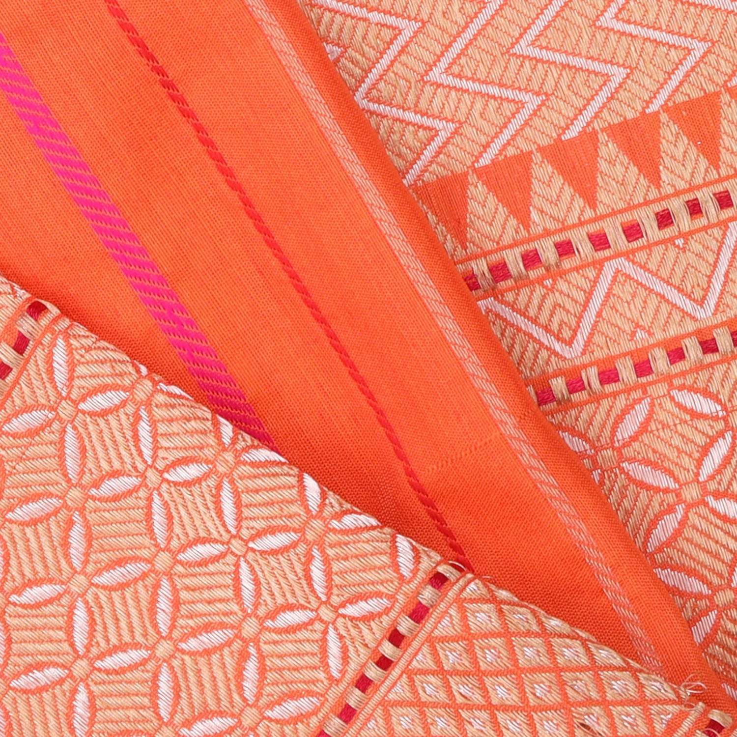 Orange Banarasi Silk Handloom Saree With Stripes Pattern - Singhania's