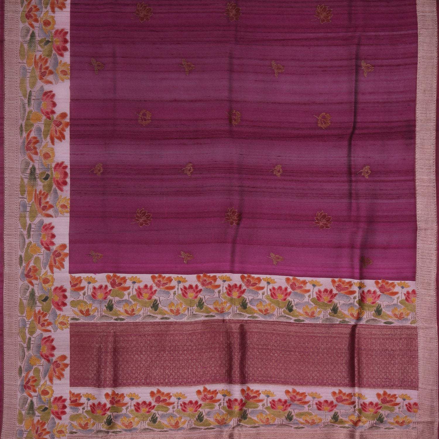 Magenta Pink Tussar Banarasi Silk Handloom Saree With Floral Motifs - Singhania's