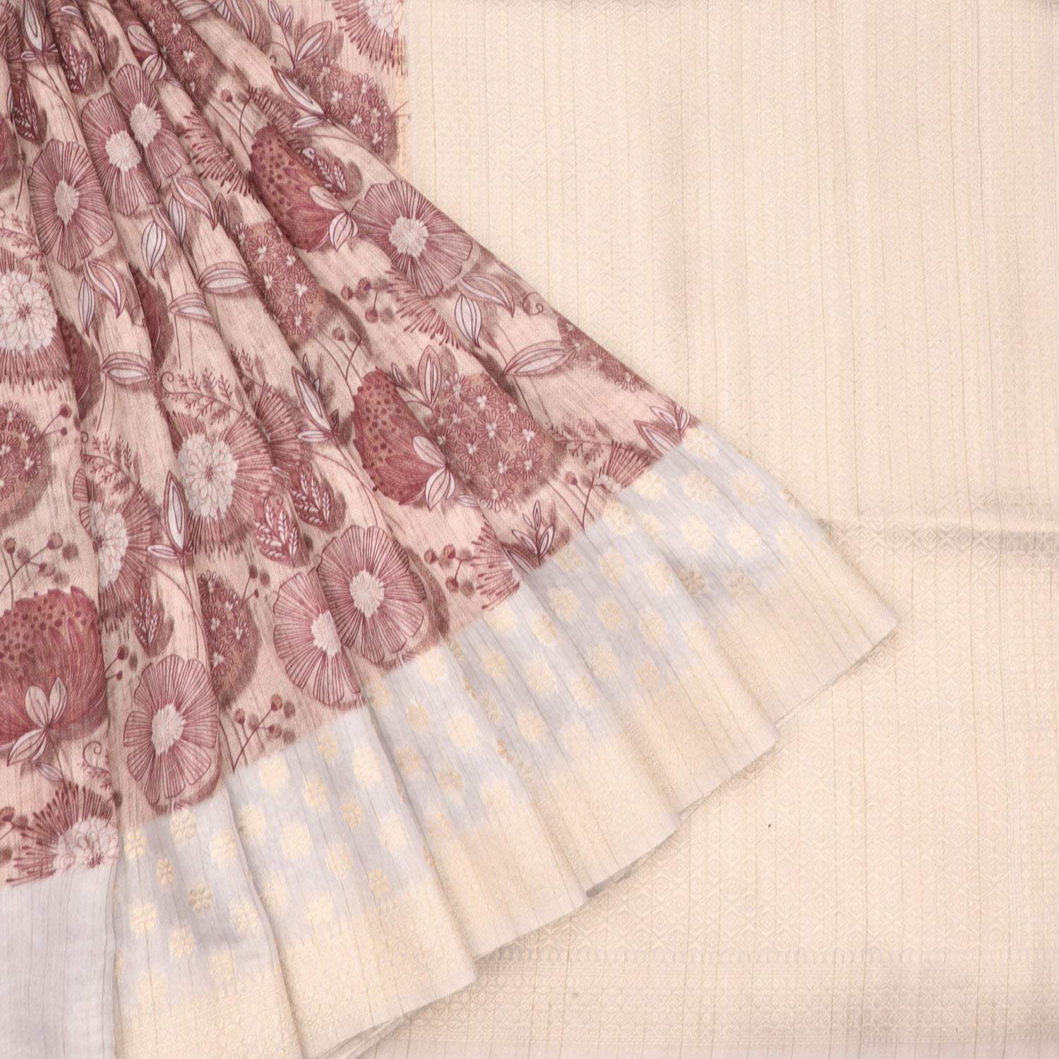 Ivory Cotton Printed Saree With Floral Pattern - Singhania's