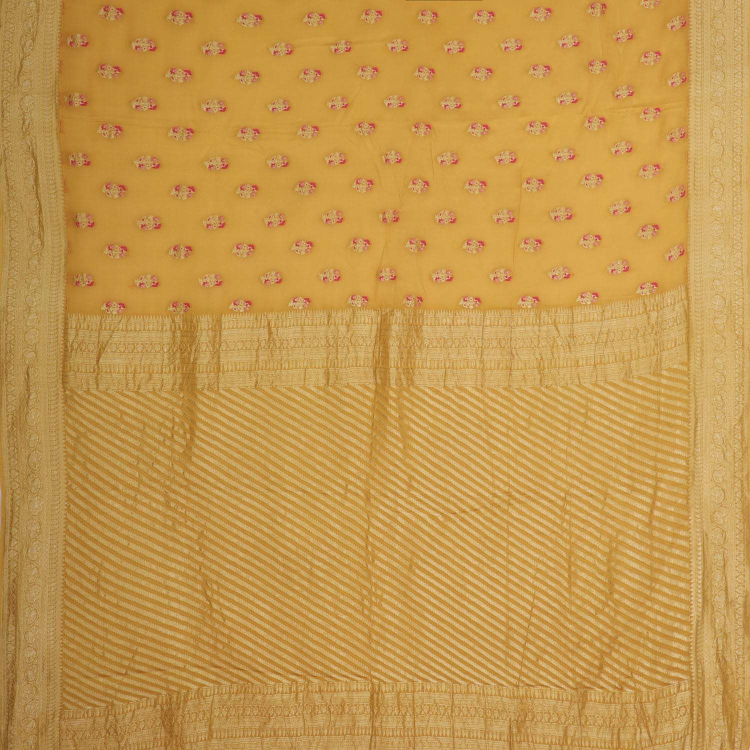 Mustard Yellow Banarasi Silk Saree With Floral Motifs - Singhania's