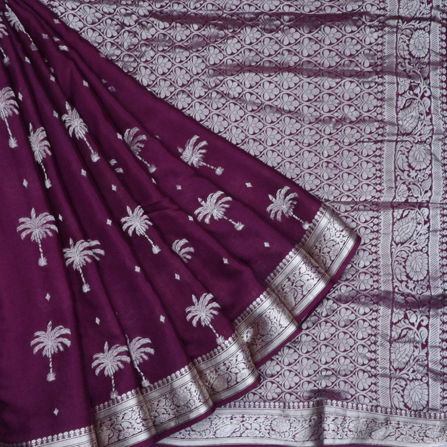 Plum Purple Banarasi Silk Saree With Tree Motifs - Singhania's