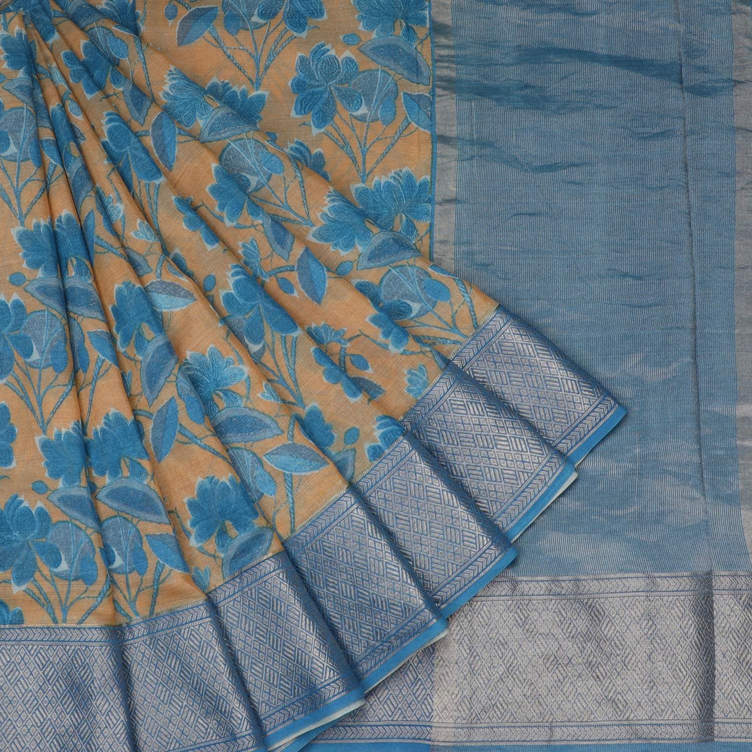 Mustard Yellow Cotton Saree With Floral Printed Motifs - Singhania's