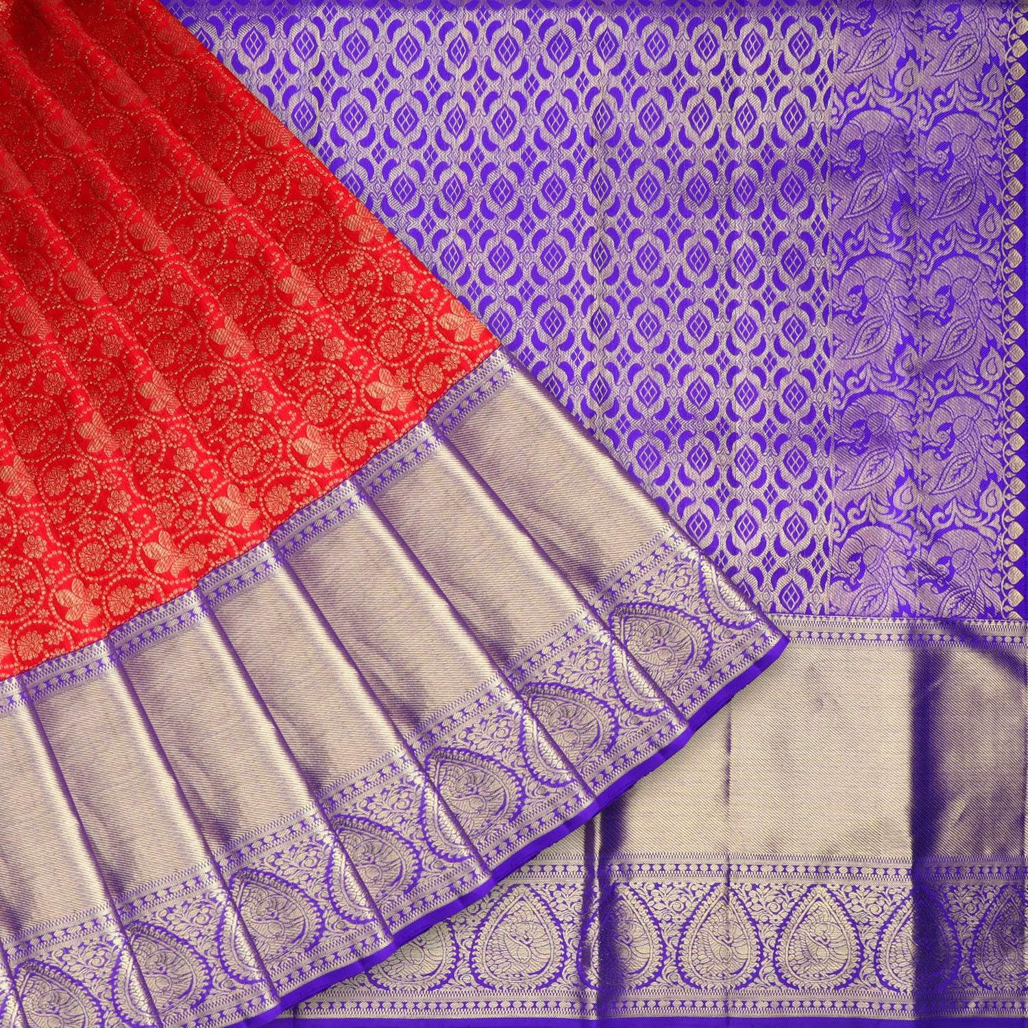 Scarlet Red Kanjivaram Silk Saree With Jaal Work Pattern - Singhania's