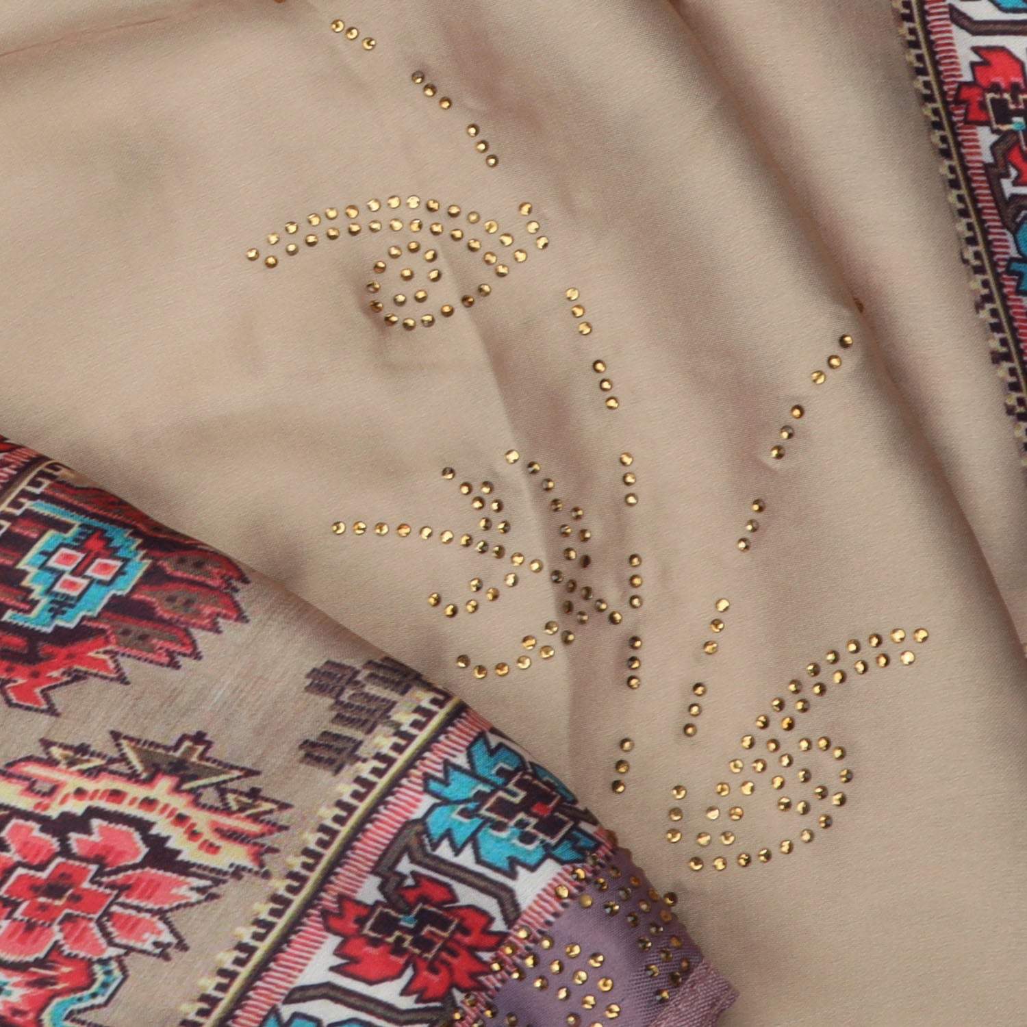 Pastel Beige Printed Satin Silk Saree With Stone Work - Singhania's