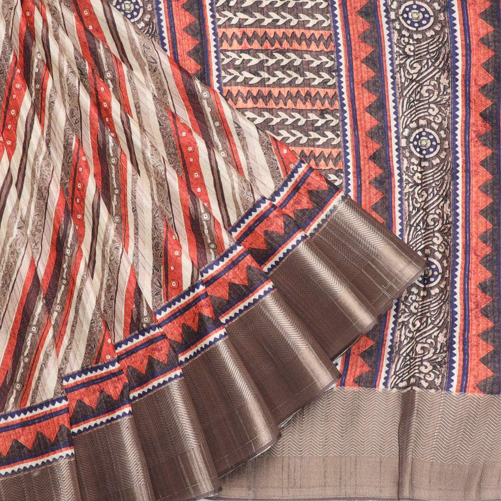 Off-White Multicolor Tussar Printed Saree With Diagonal Stripes Pattern - Singhania's