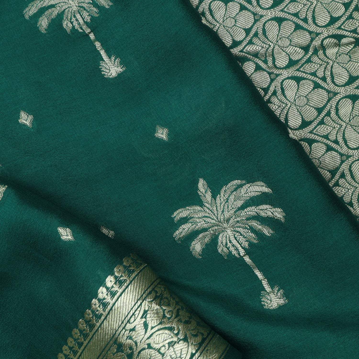 Dark Green Banarasi Silk Saree With Tree Motifs - Singhania's