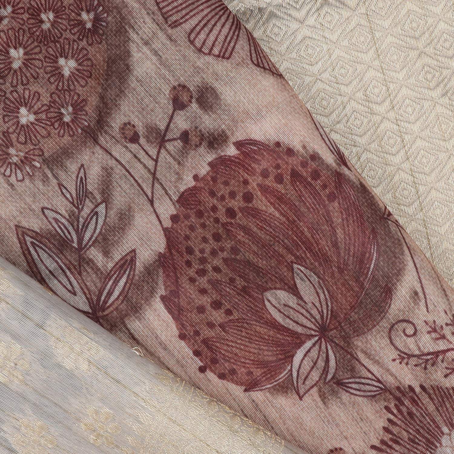 Beige Cotton Printed Saree With Floral Pattern - Singhania's