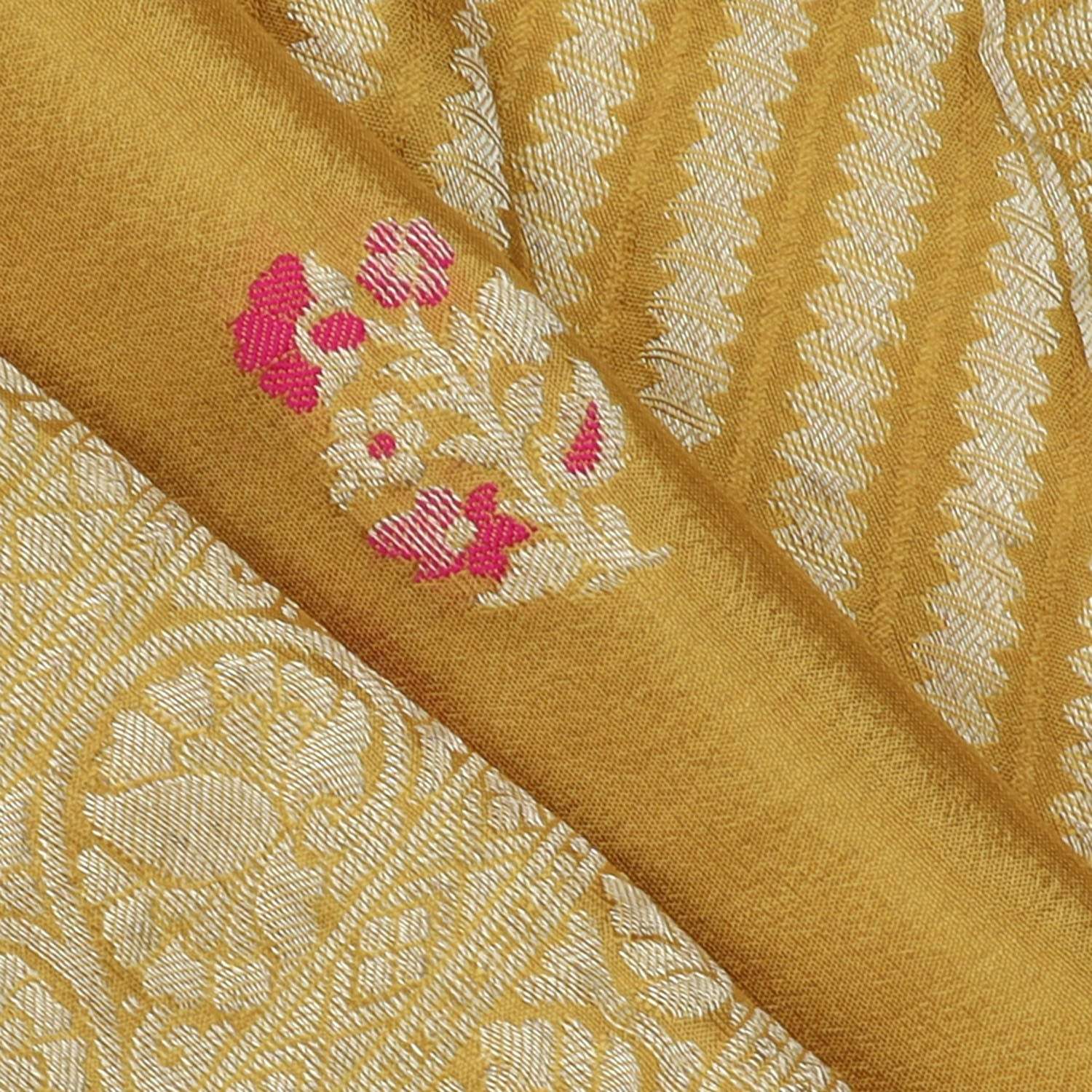Mustard Yellow Banarasi Silk Saree With Floral Motifs - Singhania's