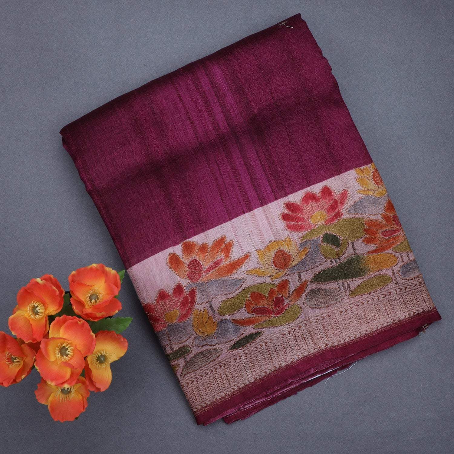 Magenta Pink Tussar Banarasi Silk Handloom Saree With Floral Motifs - Singhania's