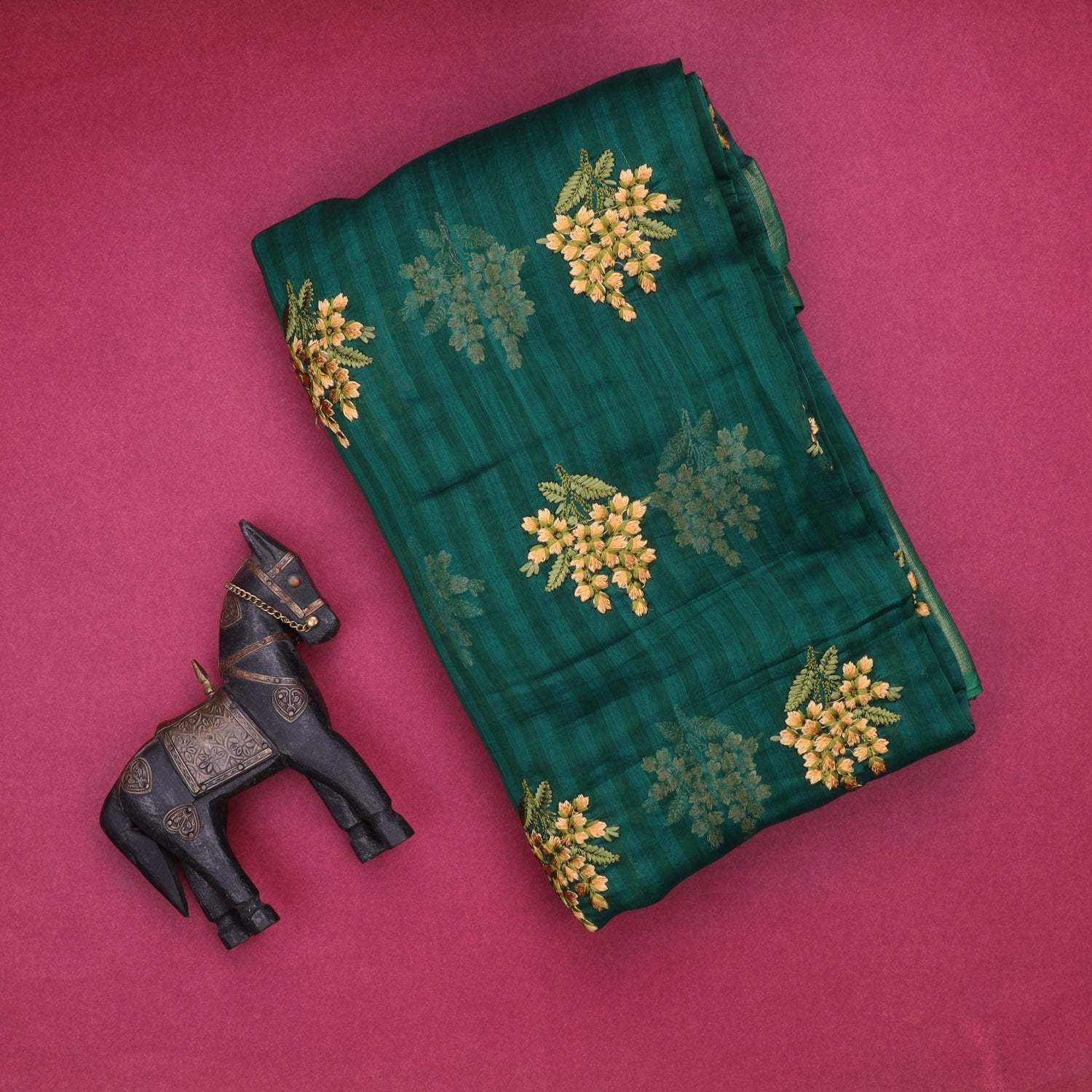 Peacock Green Chanderi Saree With Floral Embroidery - Singhania's