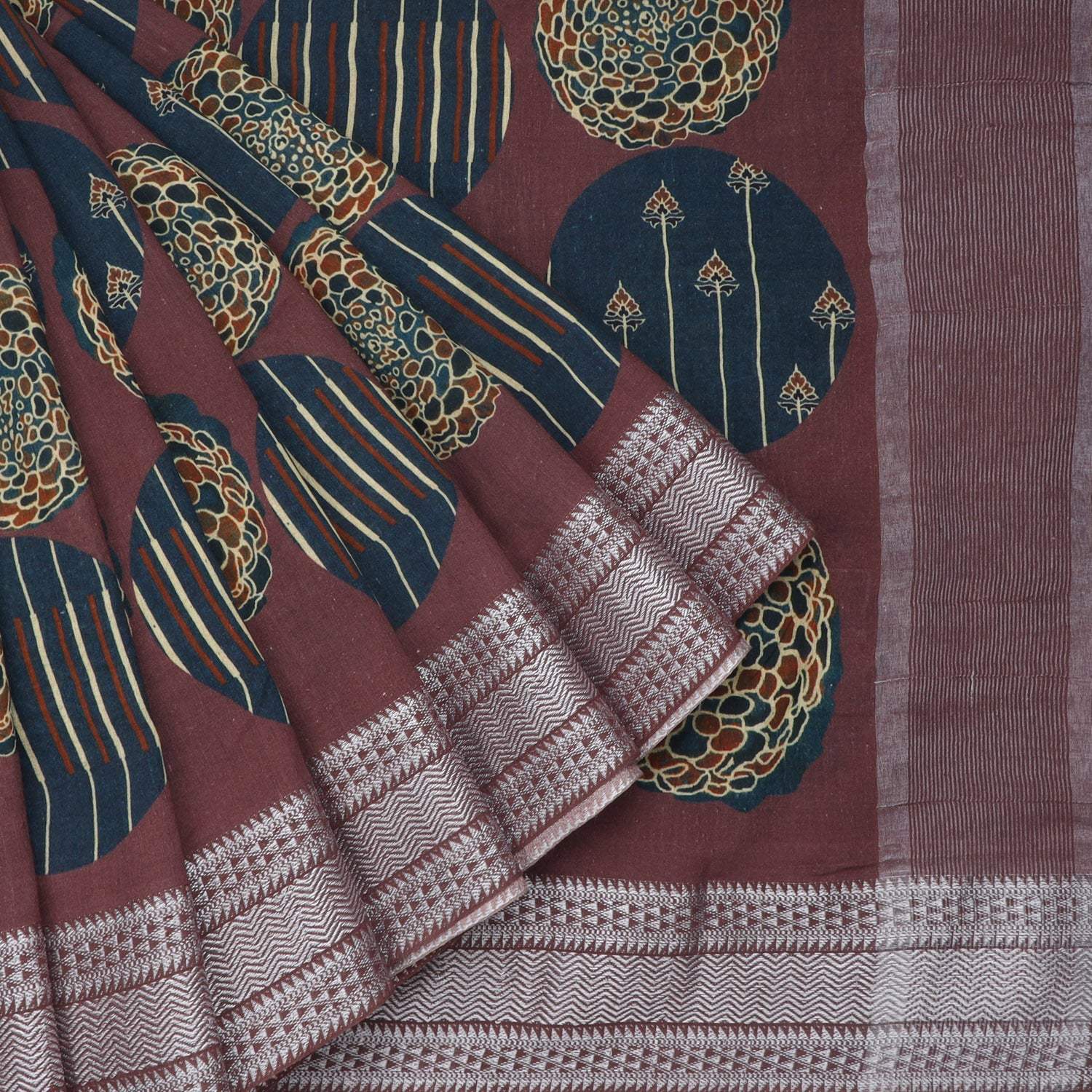 Brown Saree With Ajrakh Prints - Singhania's