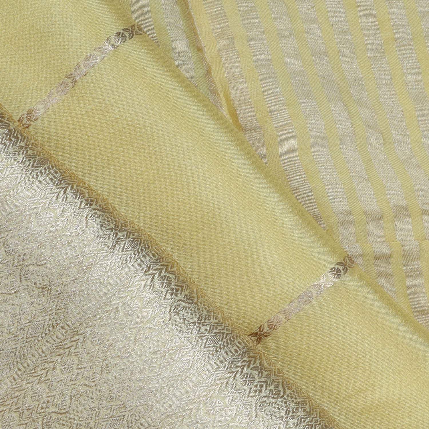 Pastel Yellow Banarasi Silk Saree With Stripe Pattern - Singhania's