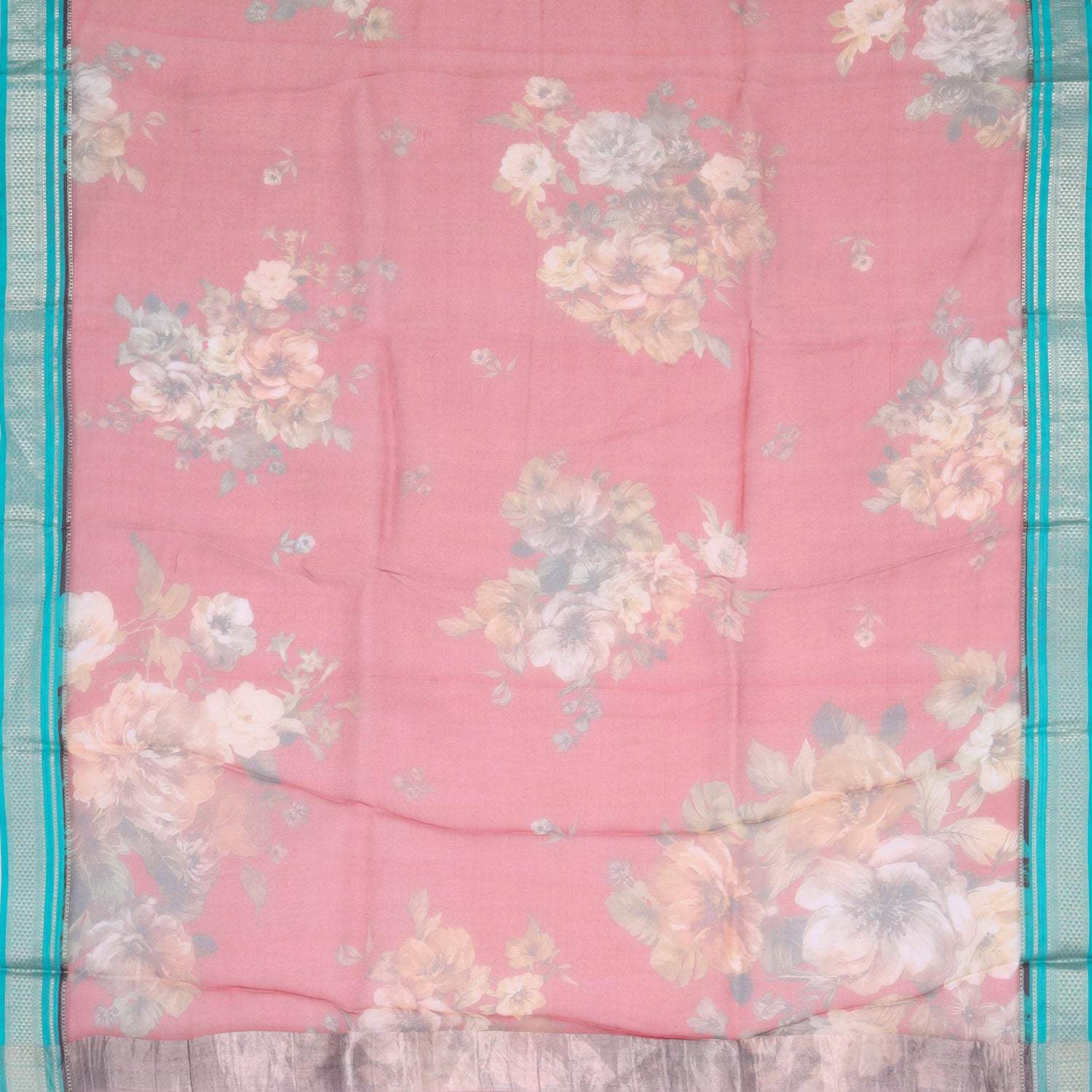 Blush Pink Floral Printed Organza Saree - Singhania's