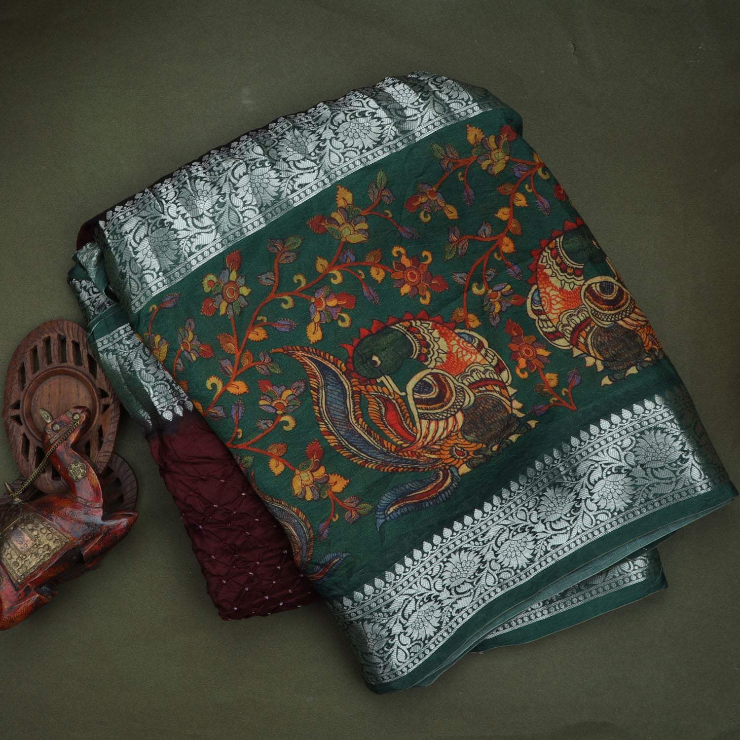Dark Brown Kanjivaram Bandhani Silk Saree With Kalamkari Inspired Motifs - Singhania's