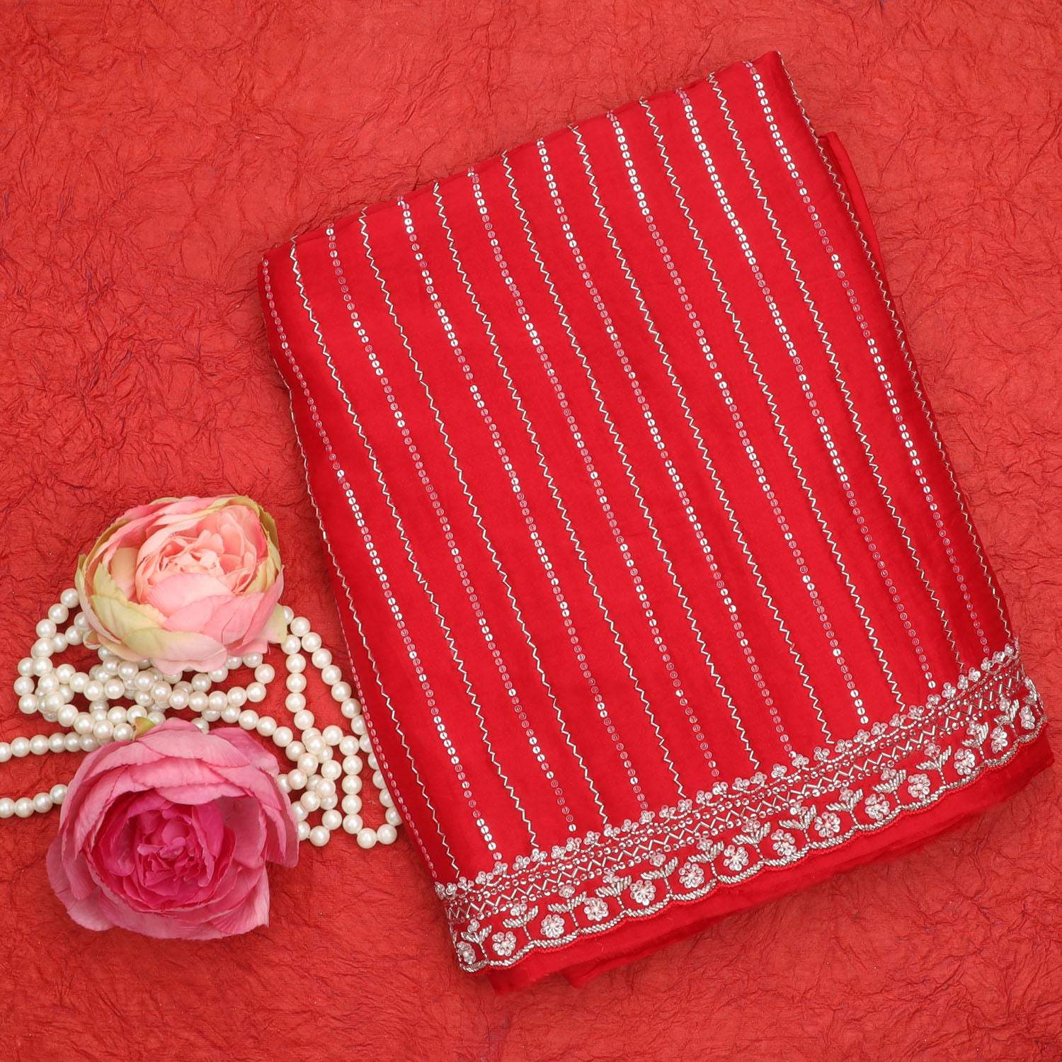 Bright Red Organza Saree With Sequin Embroidery - Singhania's