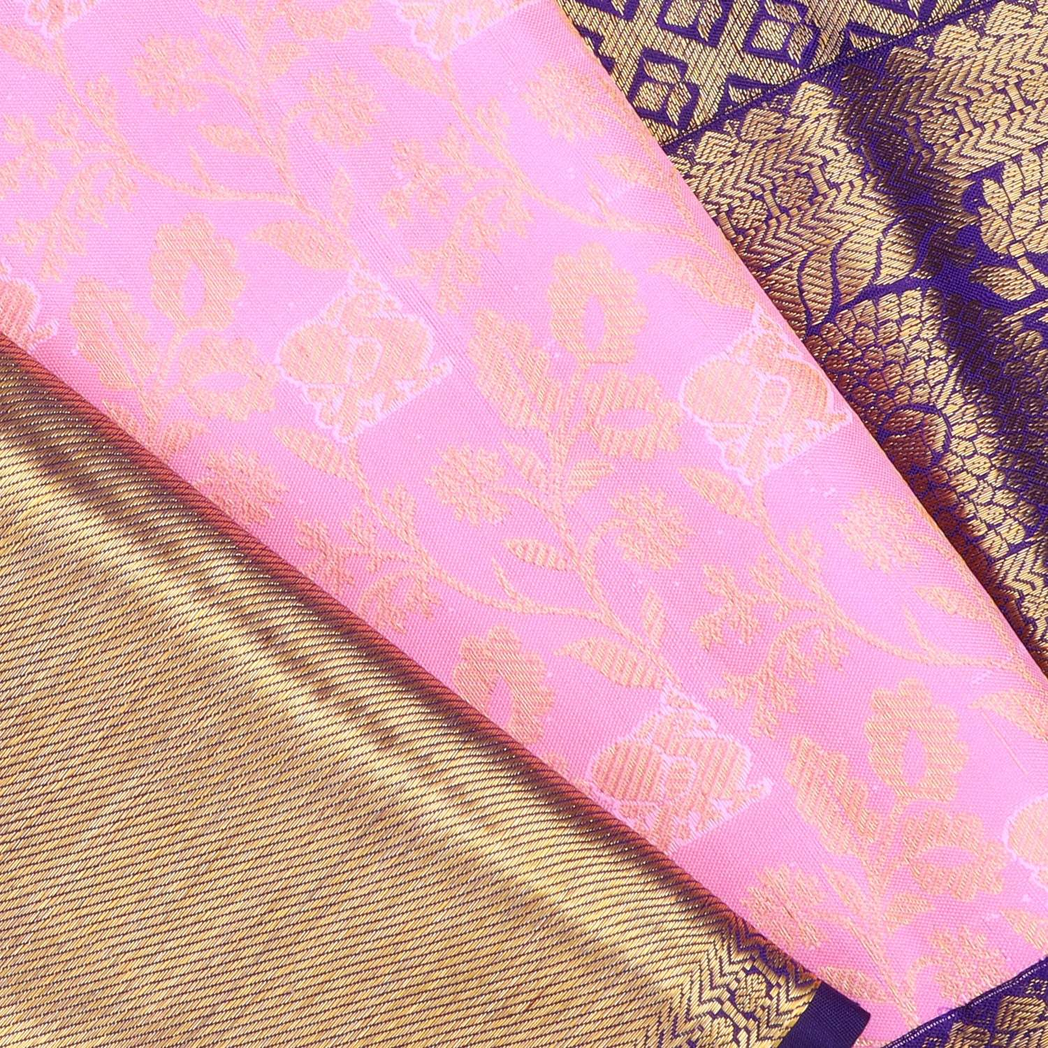 Pastel Pink Kanjivaram Silk Saree With Floral And Mayil Motifs - Singhania's