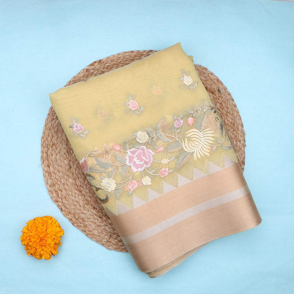 Parmesan Yellow Organza Saree With Floral Embroidered Pattern - Singhania's