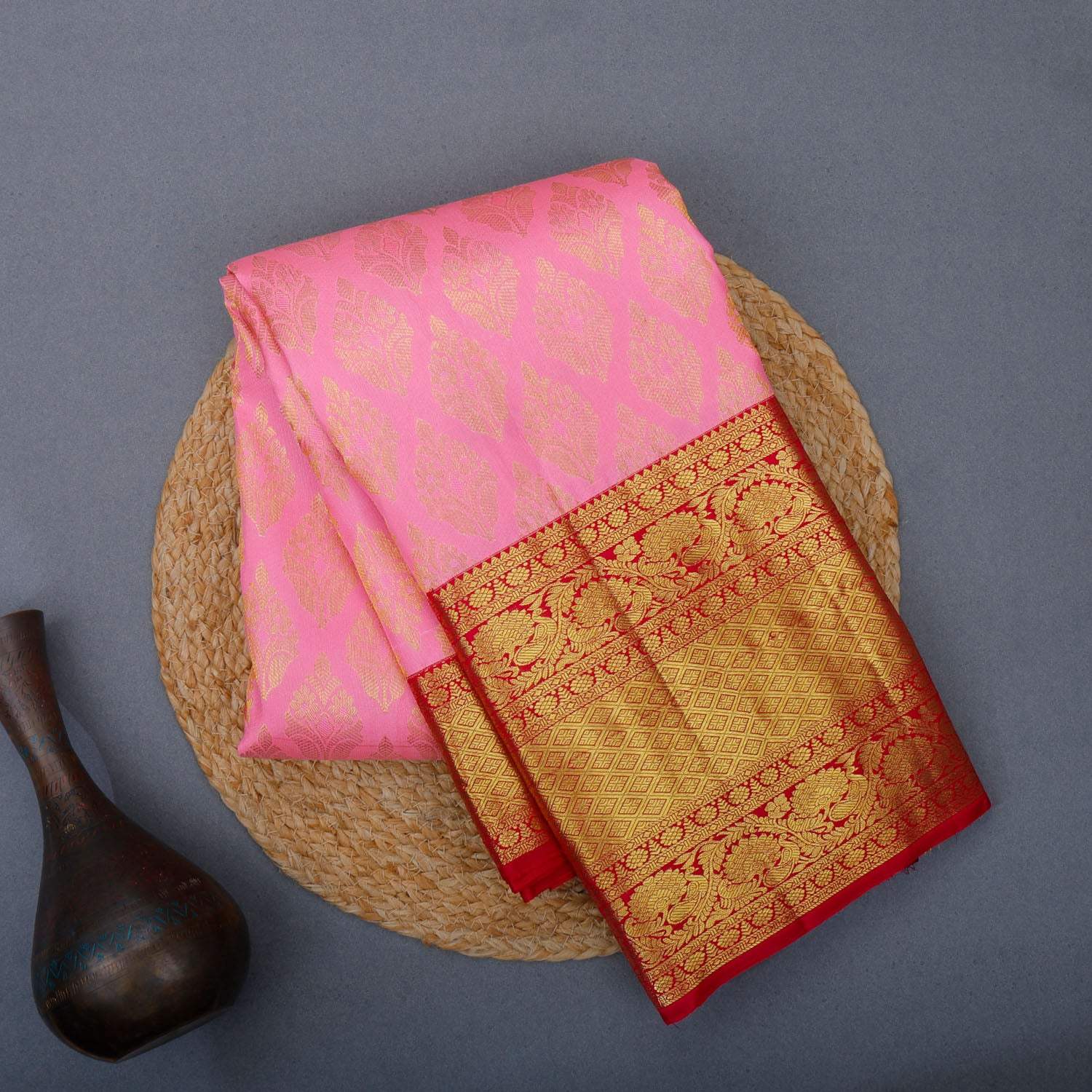 Light Pink Kanjivaram Silk Saree With Floral Buttas - Singhania's