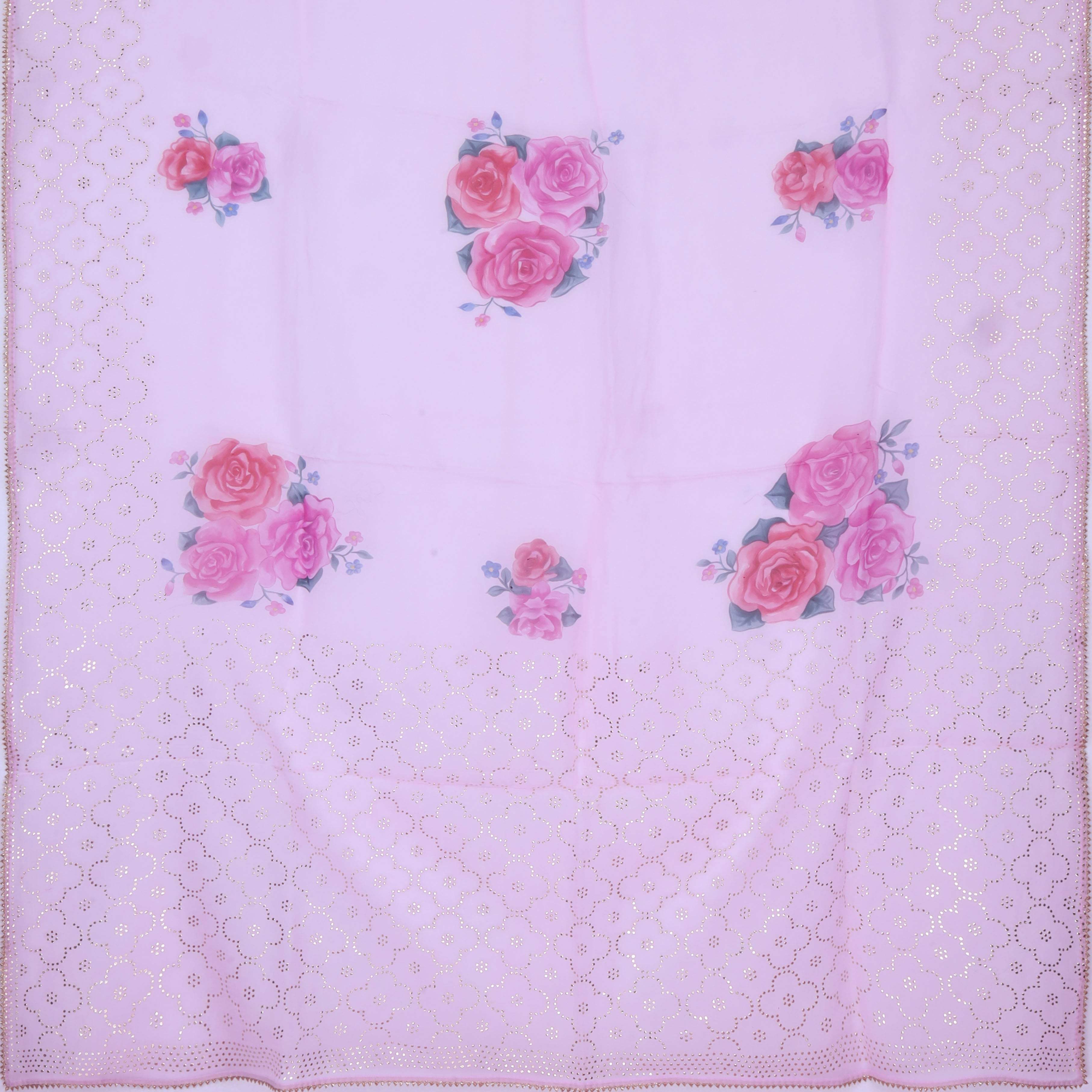 Pastel Pink Organza Embroidery Saree With Floral Printed Motifs - Singhania's