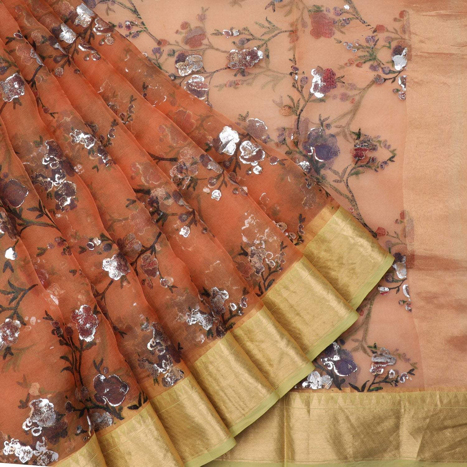 Pastel Orange Printed Organza Saree With Foil Print - Singhania's
