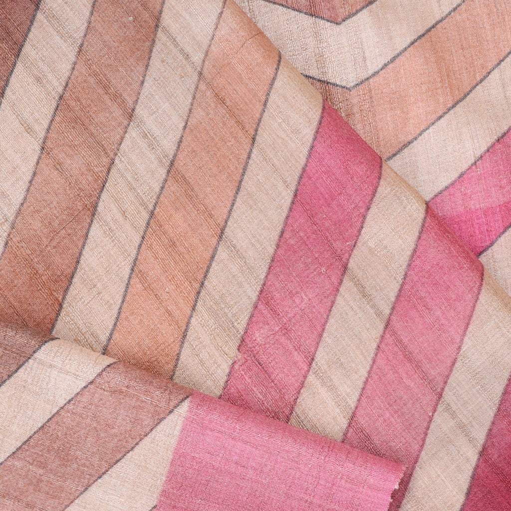 Pastel Beige Tussar Saree With Chevron Printed Pattern - Singhania's