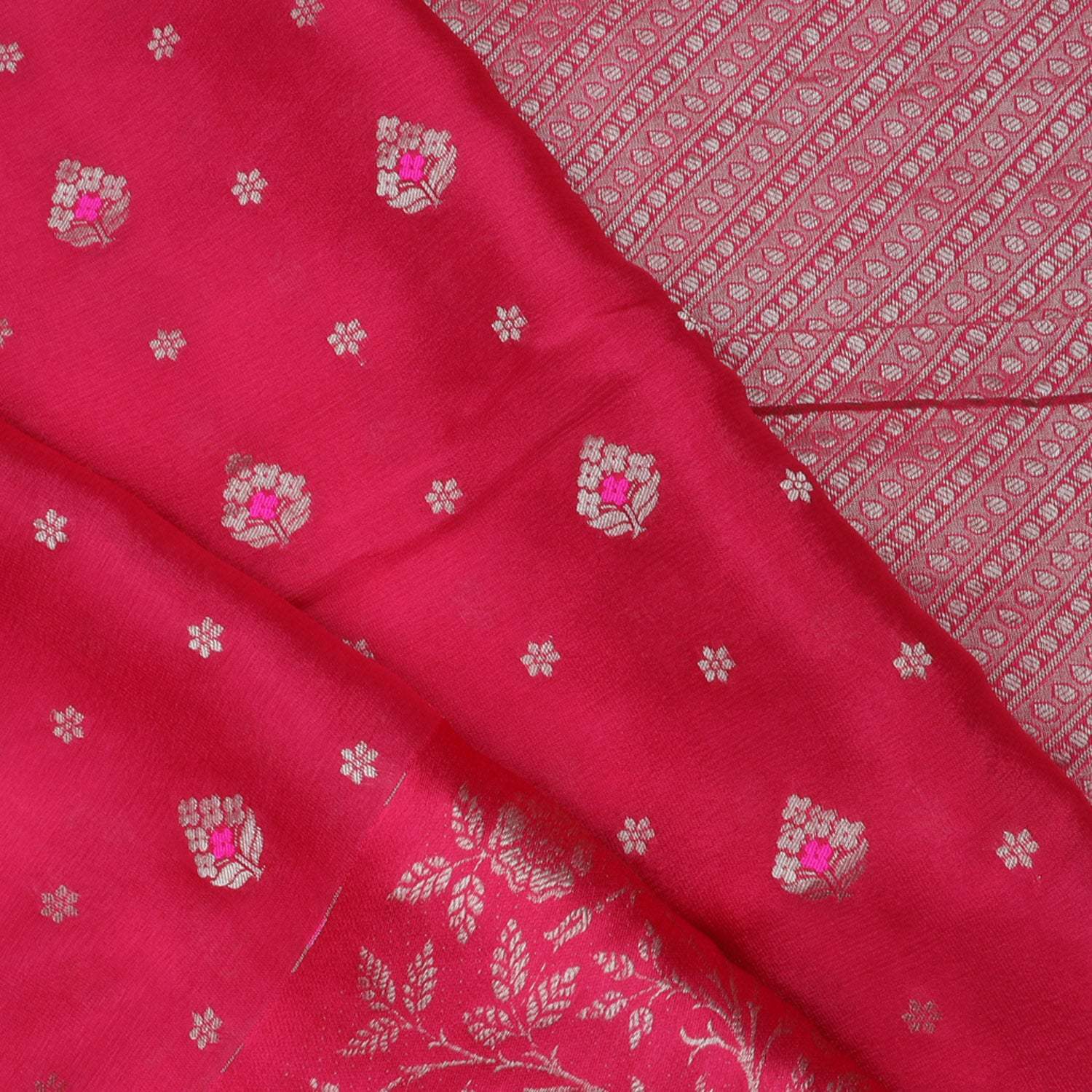 Deep Red Banarasi Silk Handloom Saree With Floral Buttis - Singhania's