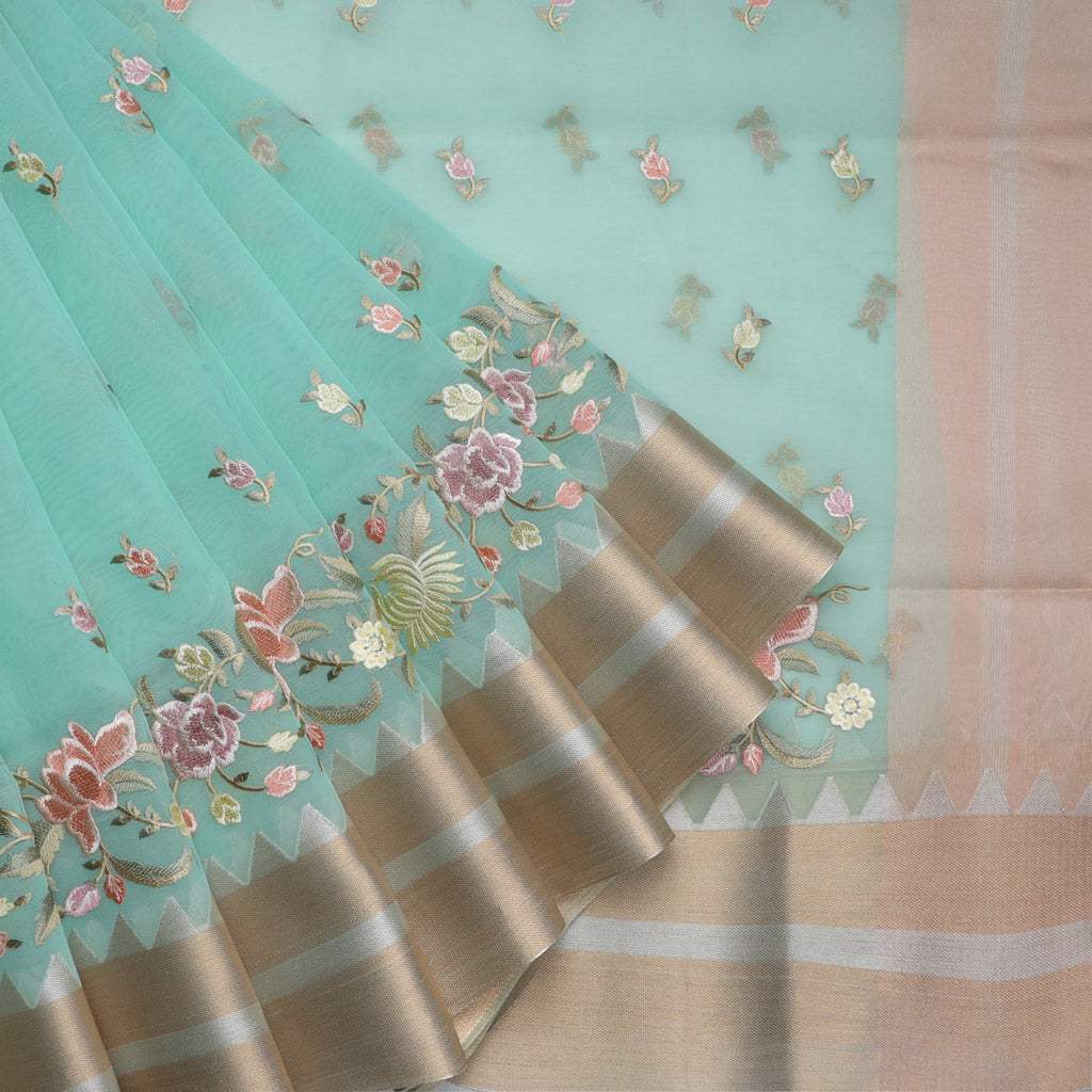 Pastel Blue Organza Saree With Floral Embroidered Pattern - Singhania's