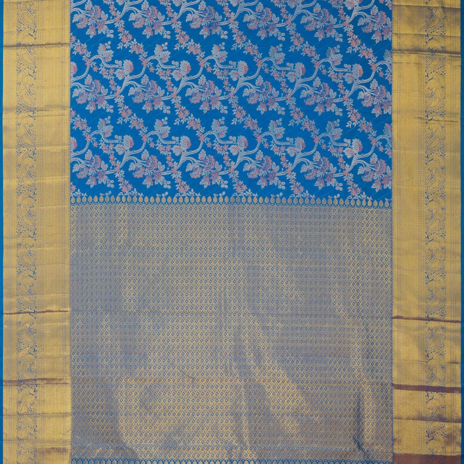 Blue Kanjivaram Silk Saree With Jaal Work Pattern - Singhania's