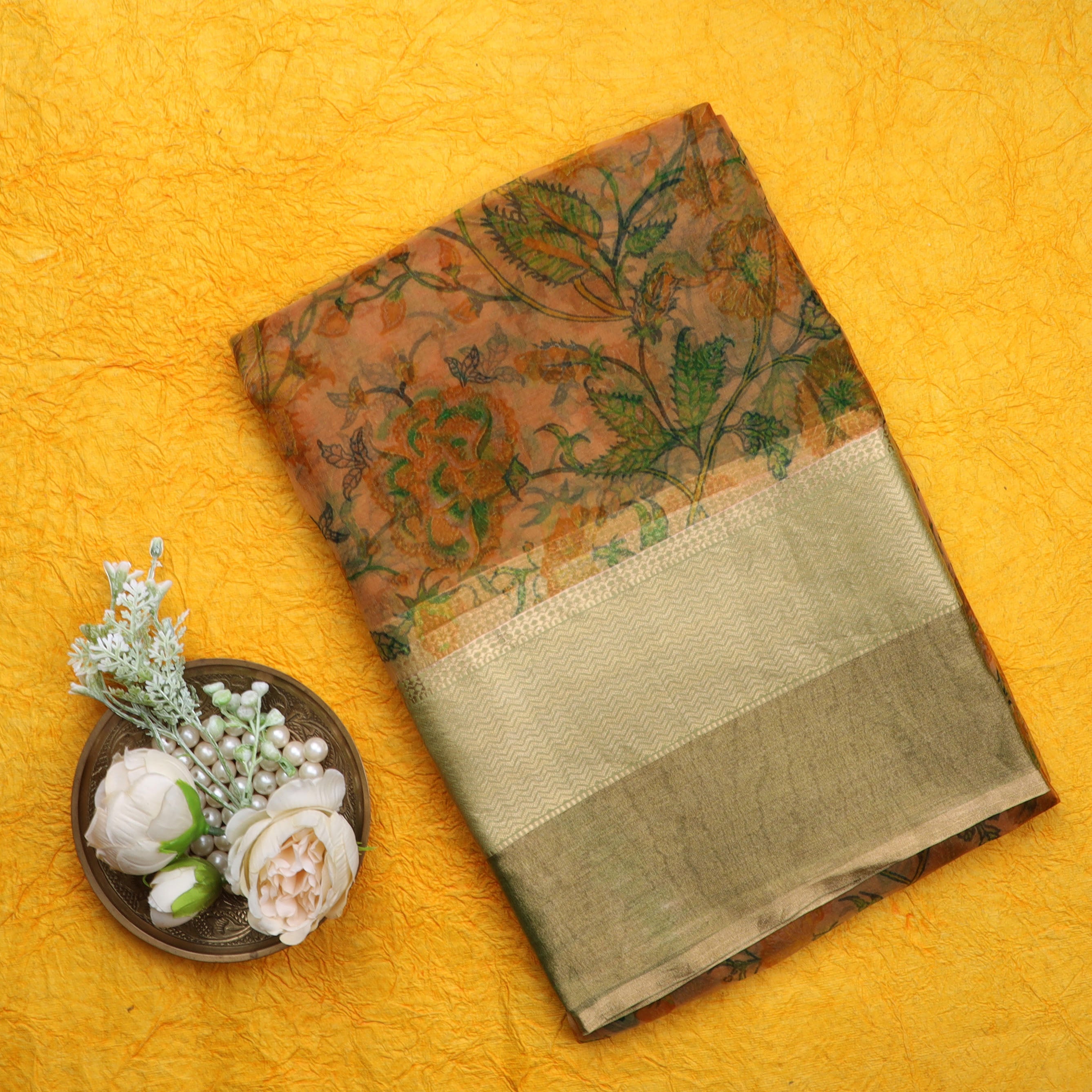 Pale Orange Organza Saree With Floral Printed Pattern
