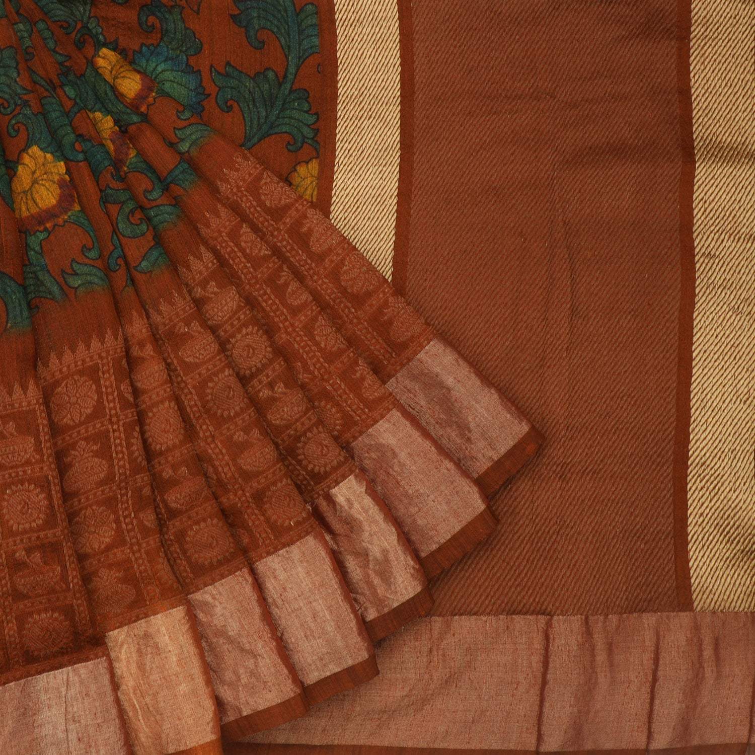 Rust Orange Matka Saree With Kalamkari Prints - Singhania's