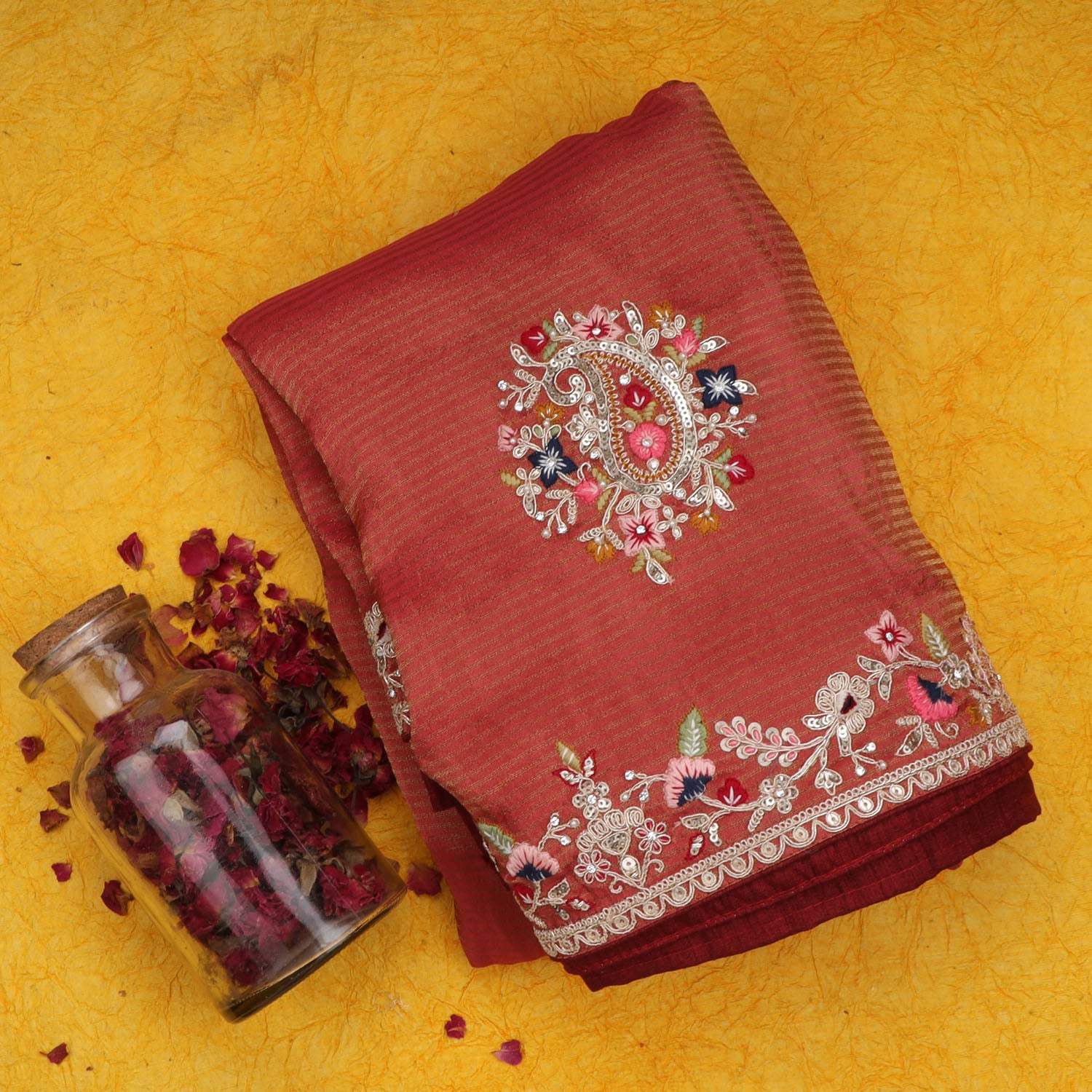 Rusty Orange Tissue Saree With Floral Embroidery - Singhania's