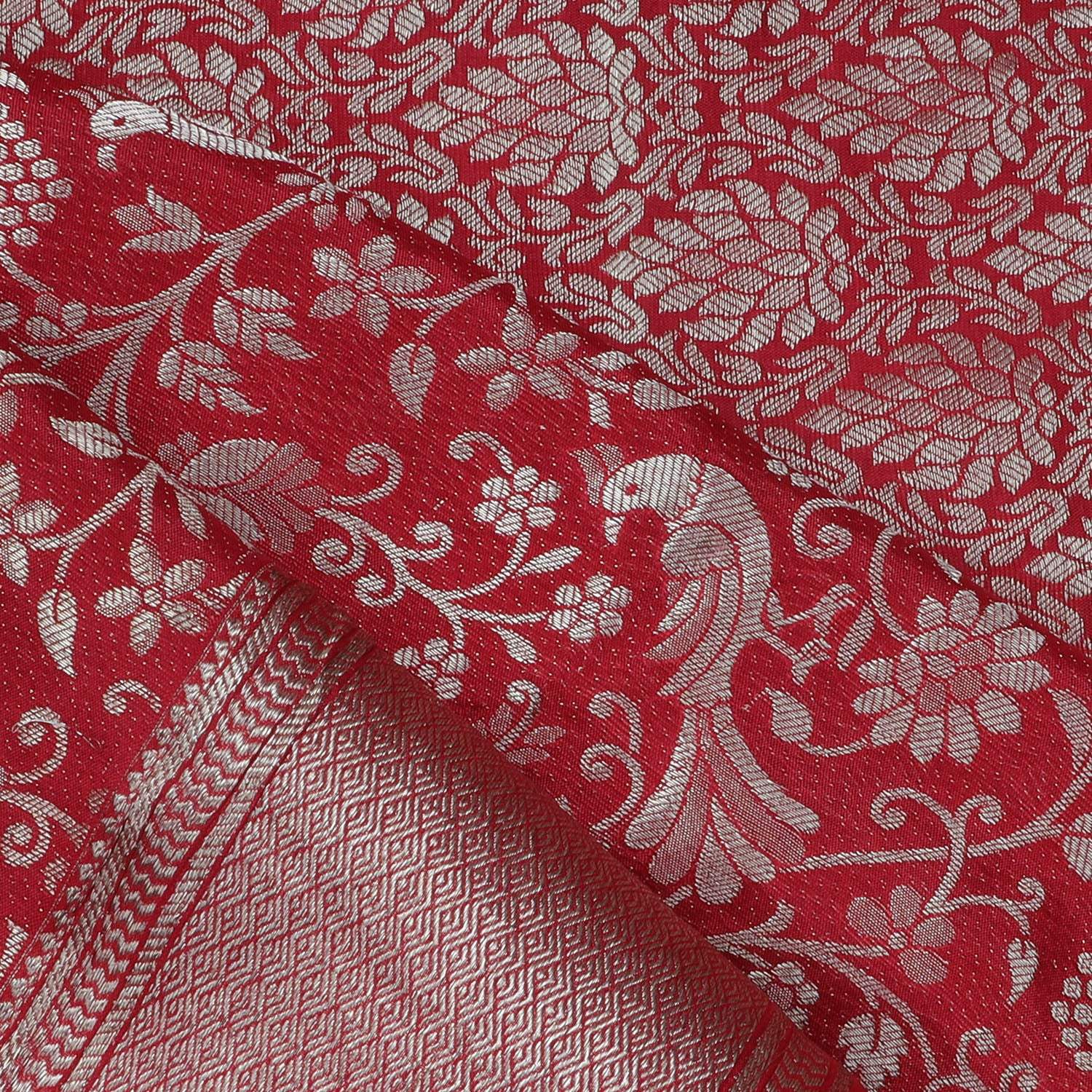 Dark Red Banarasi Silk Handloom Saree With Floral And Bird Motif Pattern - Singhania's