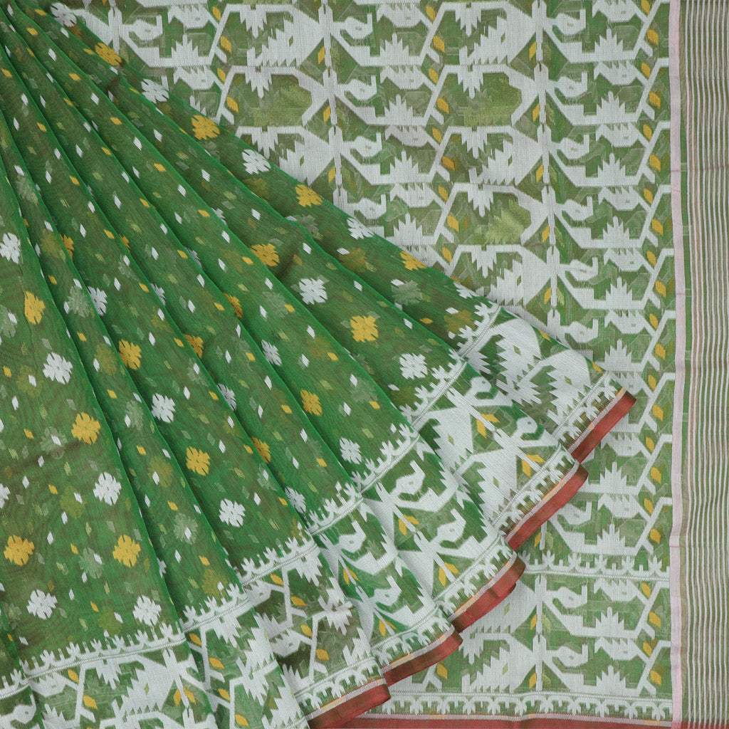 Forest Green Soft Net Saree With Geometric Floral Pattern - Singhania's