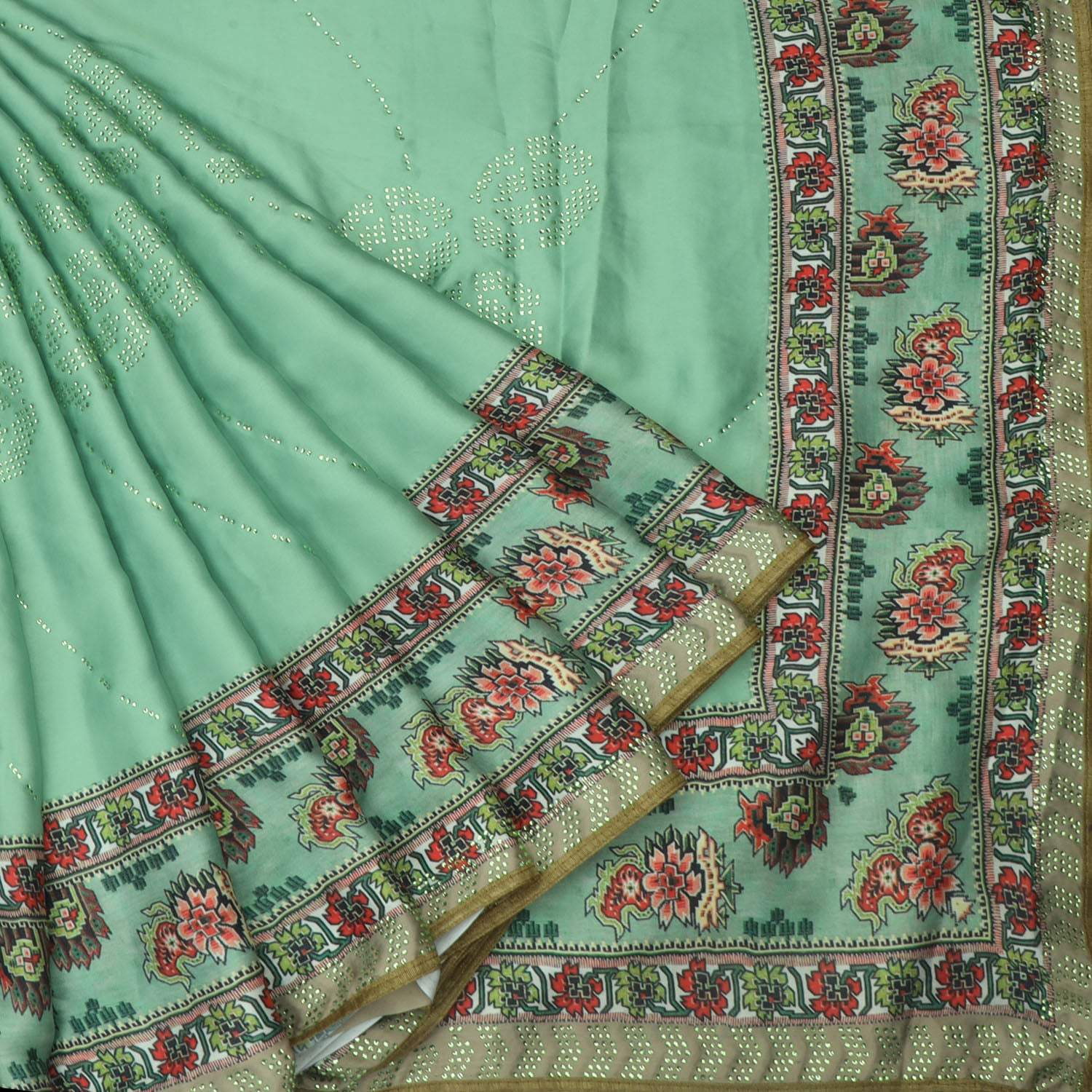 Green Printed Satin Silk Saree With Stone Work - Singhania's