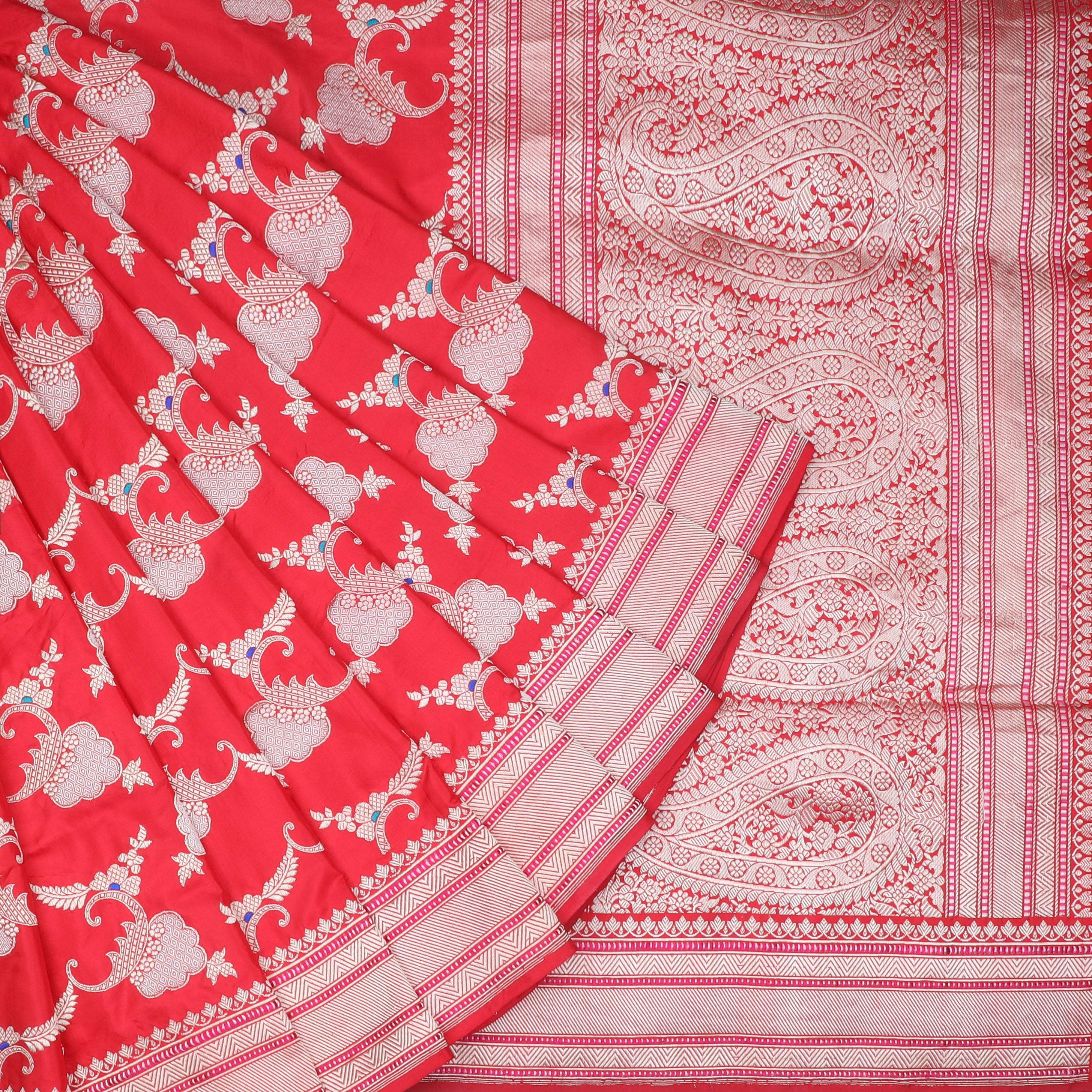 Bright Red Silk Banarasi Handloom Silk Saree With Floral Motif Pattern - Singhania's