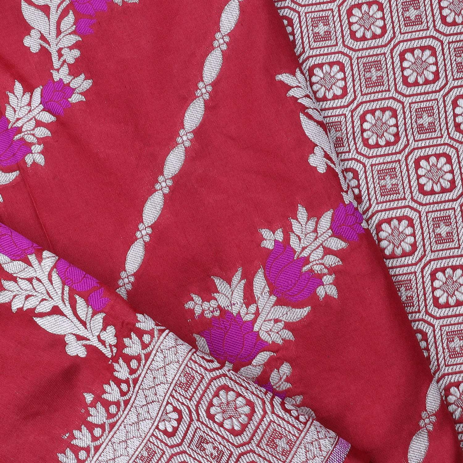 Deep Red Banarasi Silk Handloom Saree With Floral Motifs Pattern - Singhania's