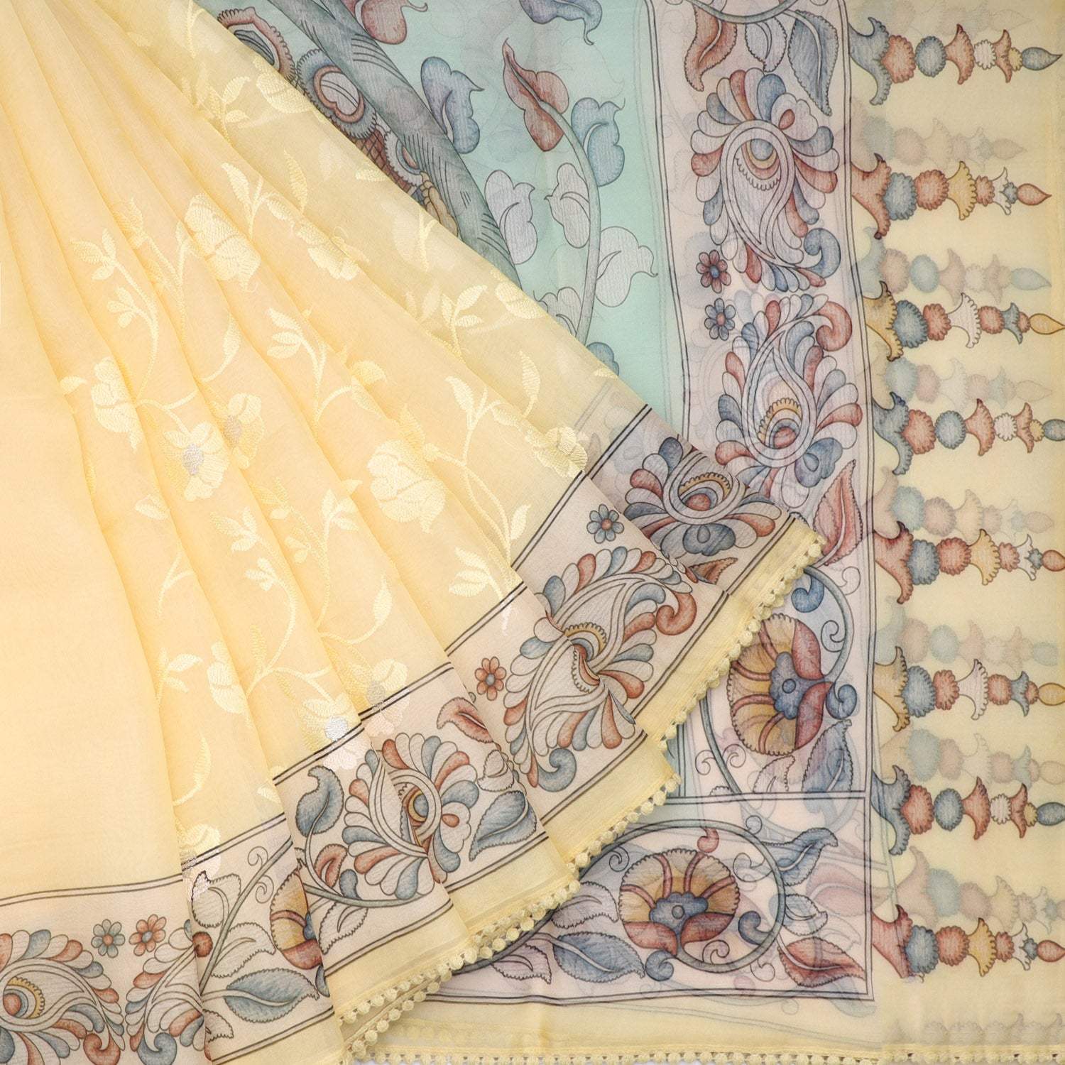 Pastel Yellow Organza Saree With Kalamkari Printed Motif Pattern And Floral Embroidery - Singhania's