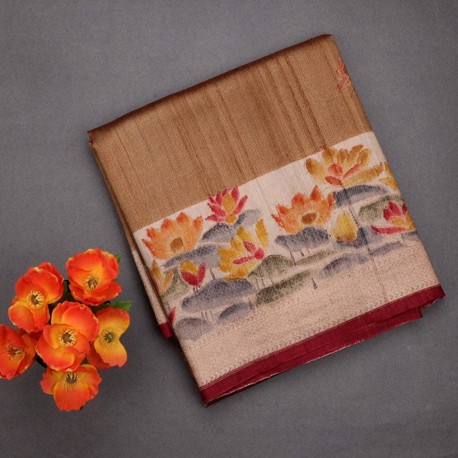 Earthy Brown Tussar Banarasi Silk Handloom Saree With Floral Motifs - Singhania's
