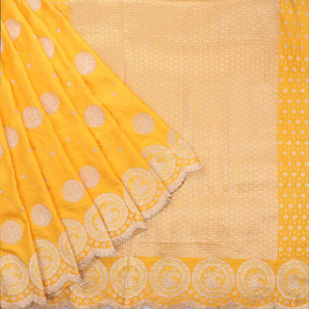 Sunshine Yellow Banarasi Silk Handloom Saree With Floral Motifs - Singhania's