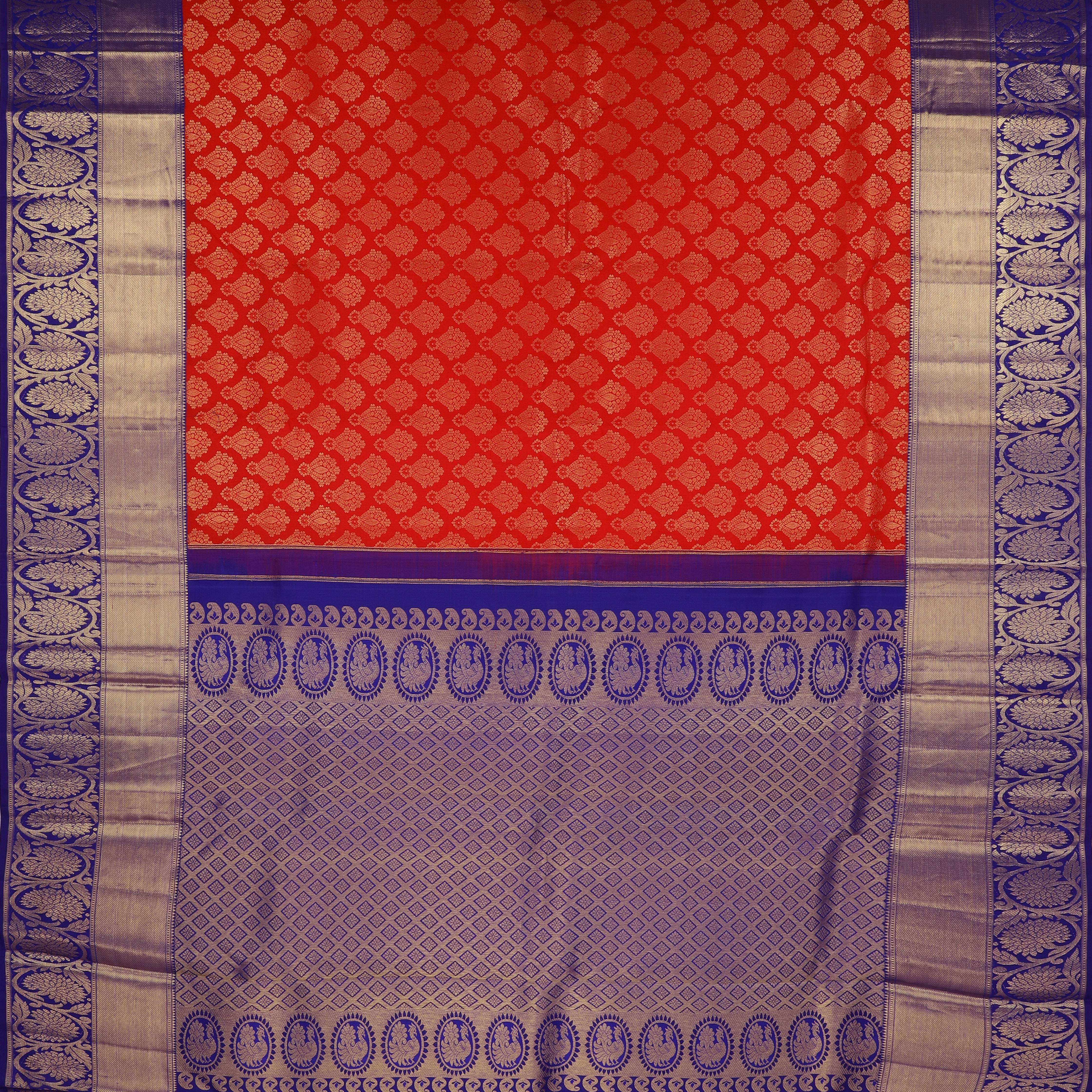 Scarlet Red Korvai Kanjvaram Silk Handloom Saree - Singhania's