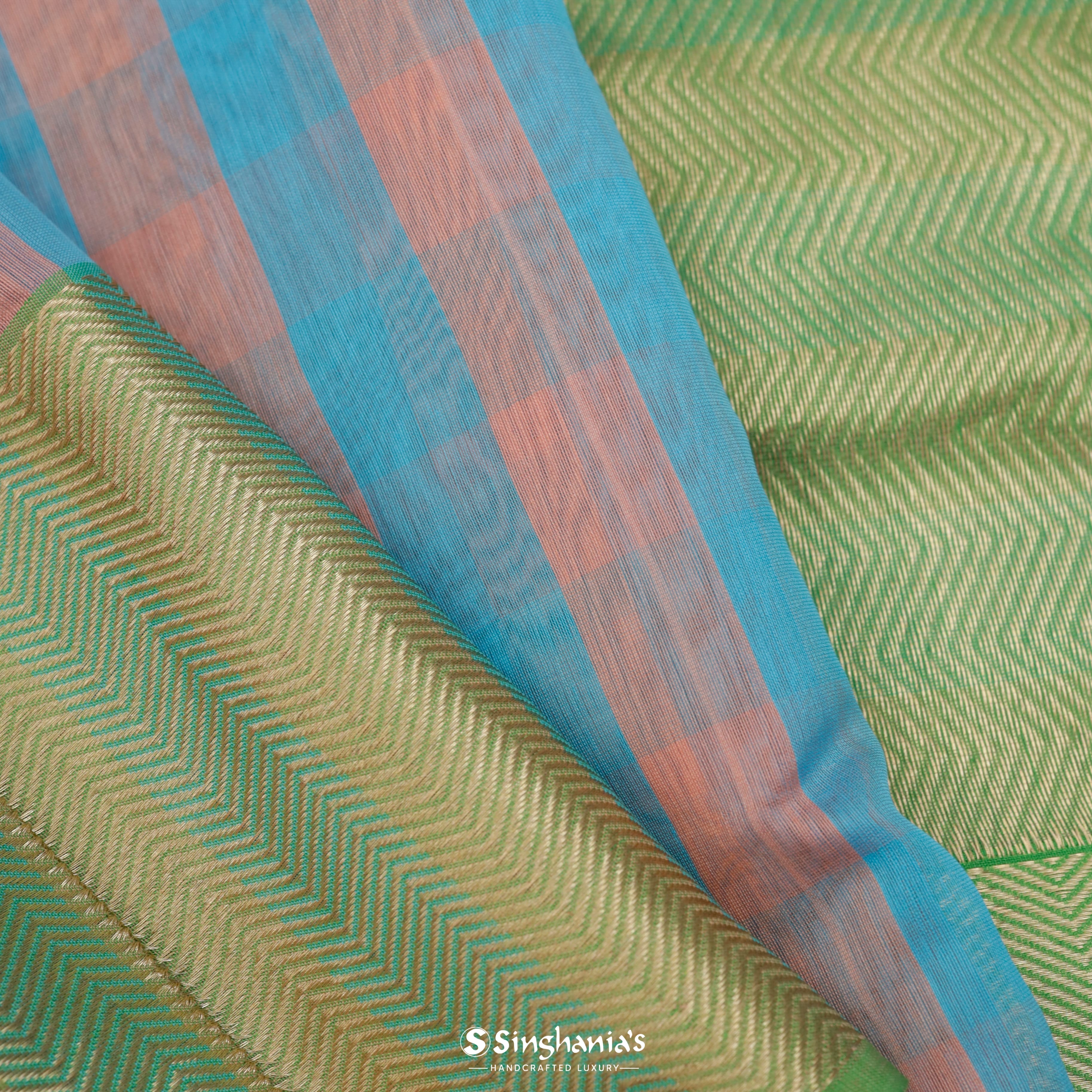 Vivid Sky Chanderi Printed Saree With Checks Pattern