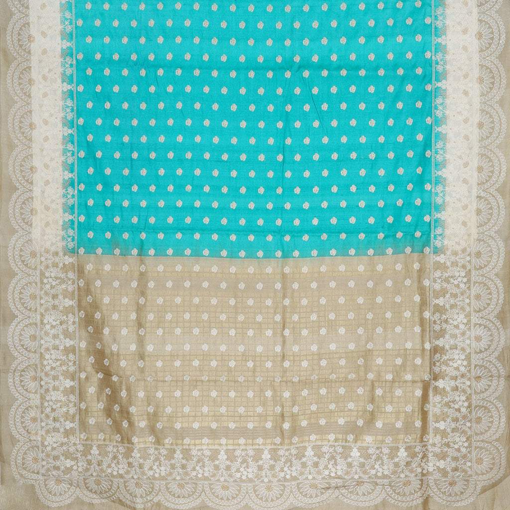 Deep Turquoise Tussar Embroidery Saree - Singhania's
