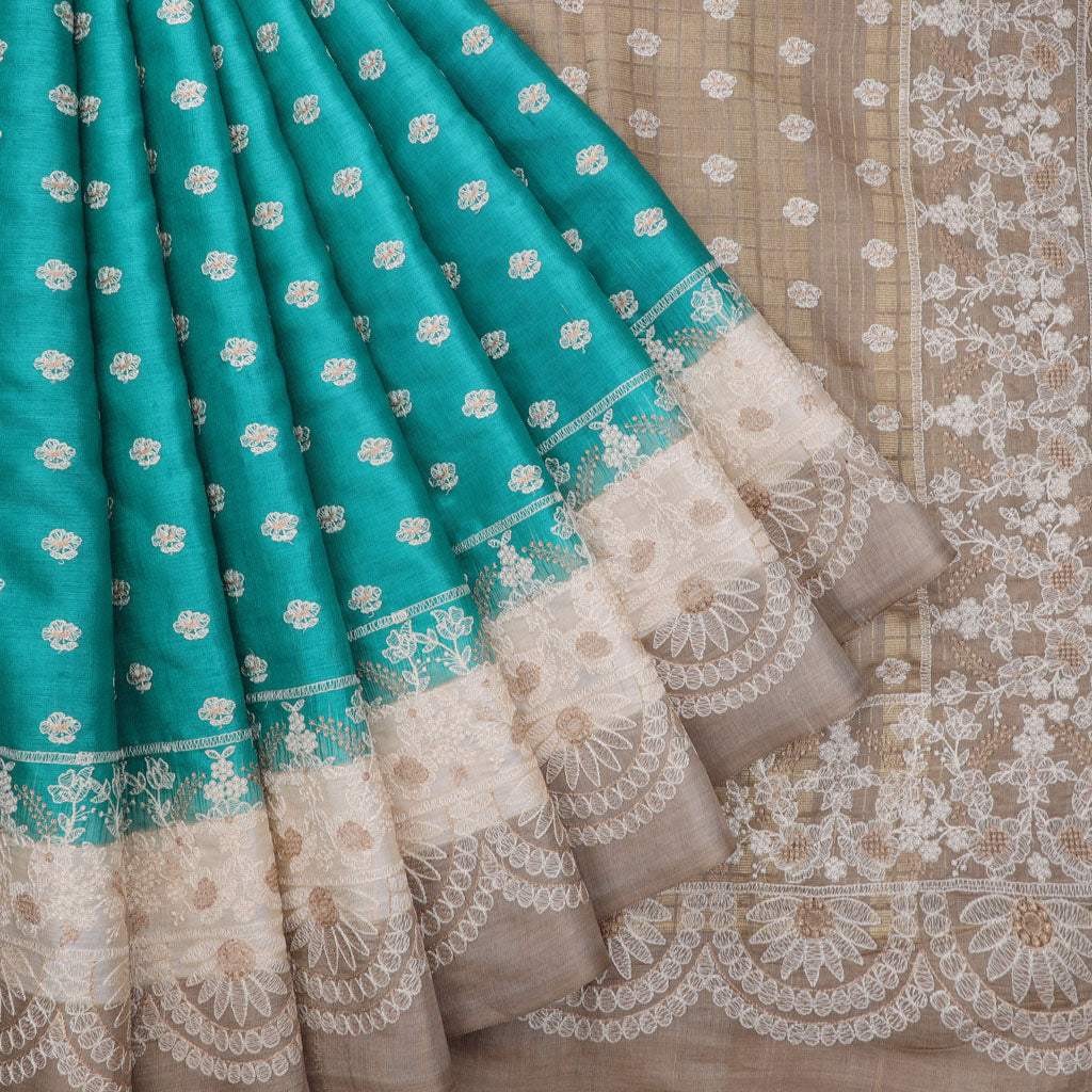 Deep Turquoise Tussar Embroidery Saree - Singhania's