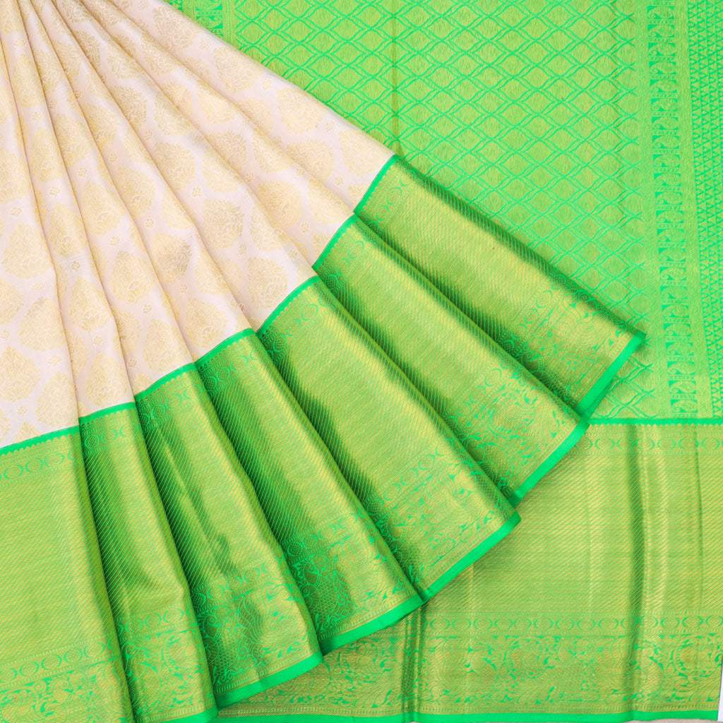 Off-White Korvai Kanjivaram Silk Handloom Saree With Floral Buttas - Singhania's