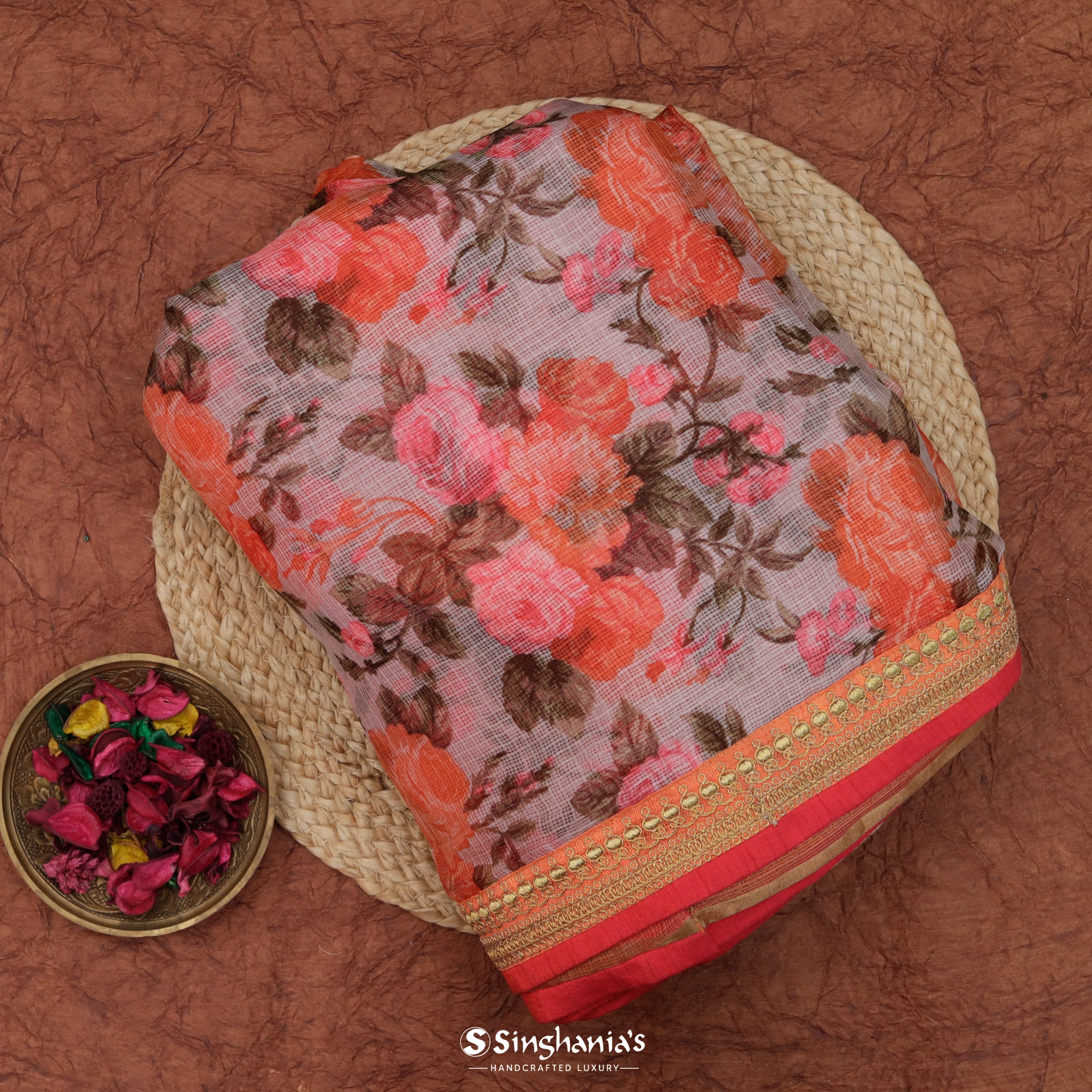 Pastel Blush Kota Silk Saree With Floral Pattern